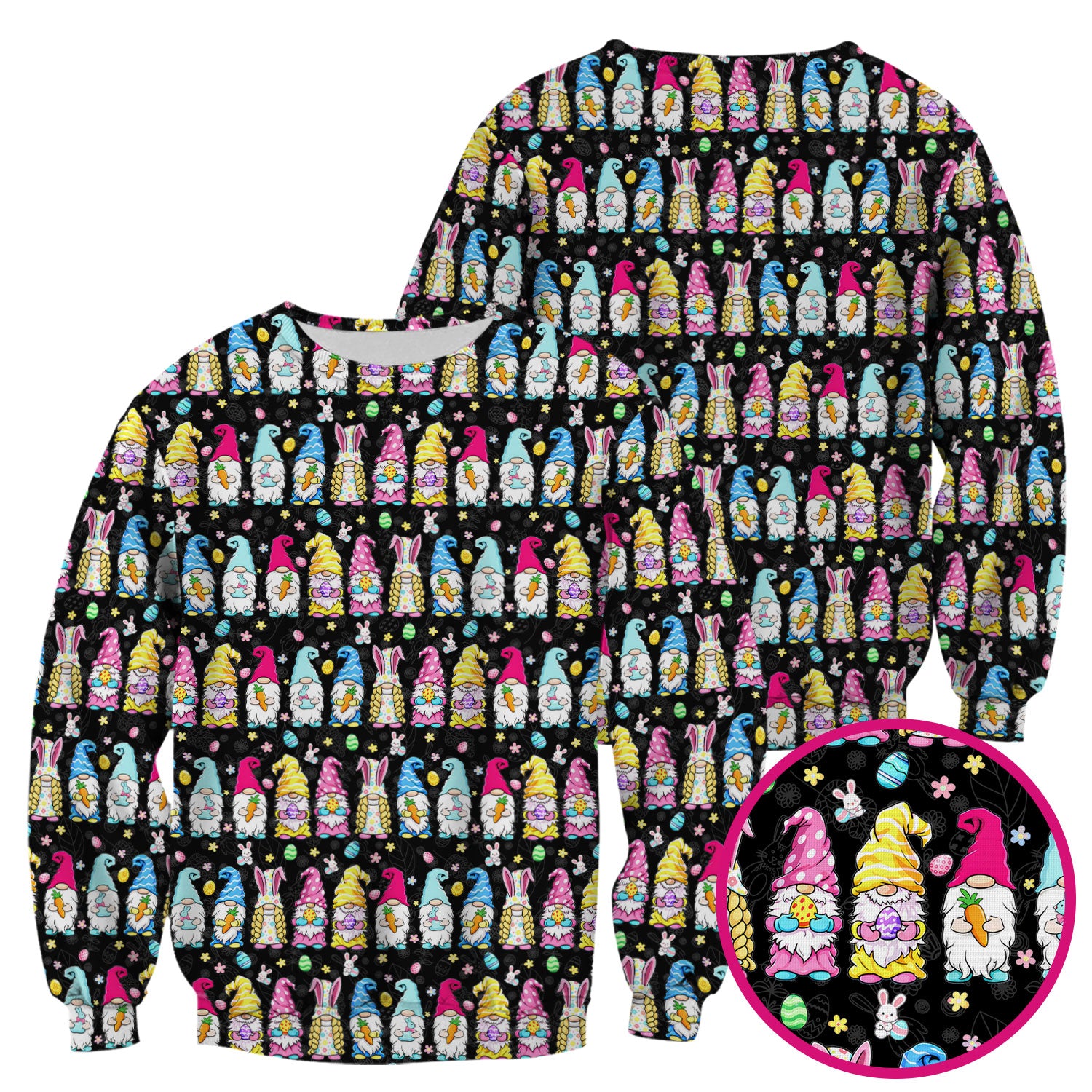 Colorful Easter Gnome Bunny Eggs Print Scrub Top, Comfortable Scrubs for Nurses