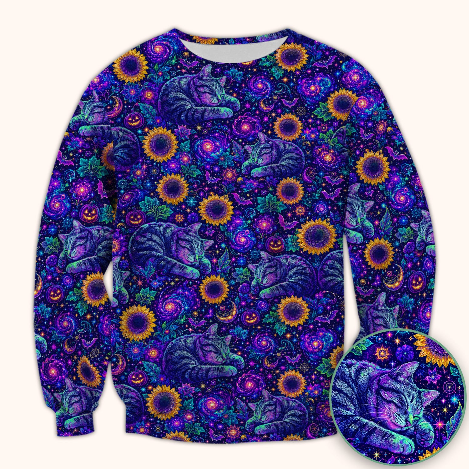 Spooky Galaxy Cat And Sunflowers Scrub Top, Comfortable Scrubs for Nurses