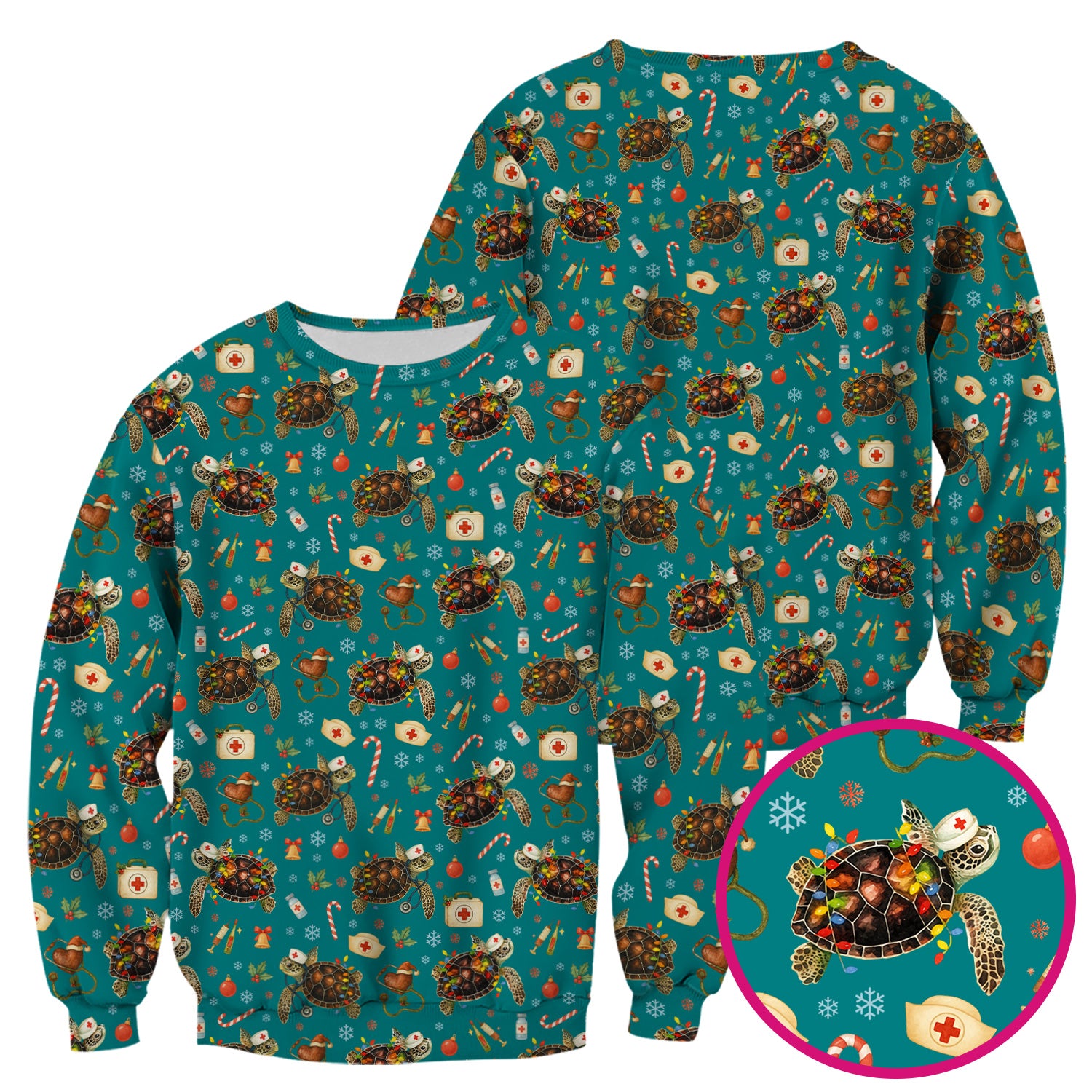 Funny Christmas Scrub Top - Sea Turtle with Xmas Lights Shirt - Holiday Nurse Scrubs for Women