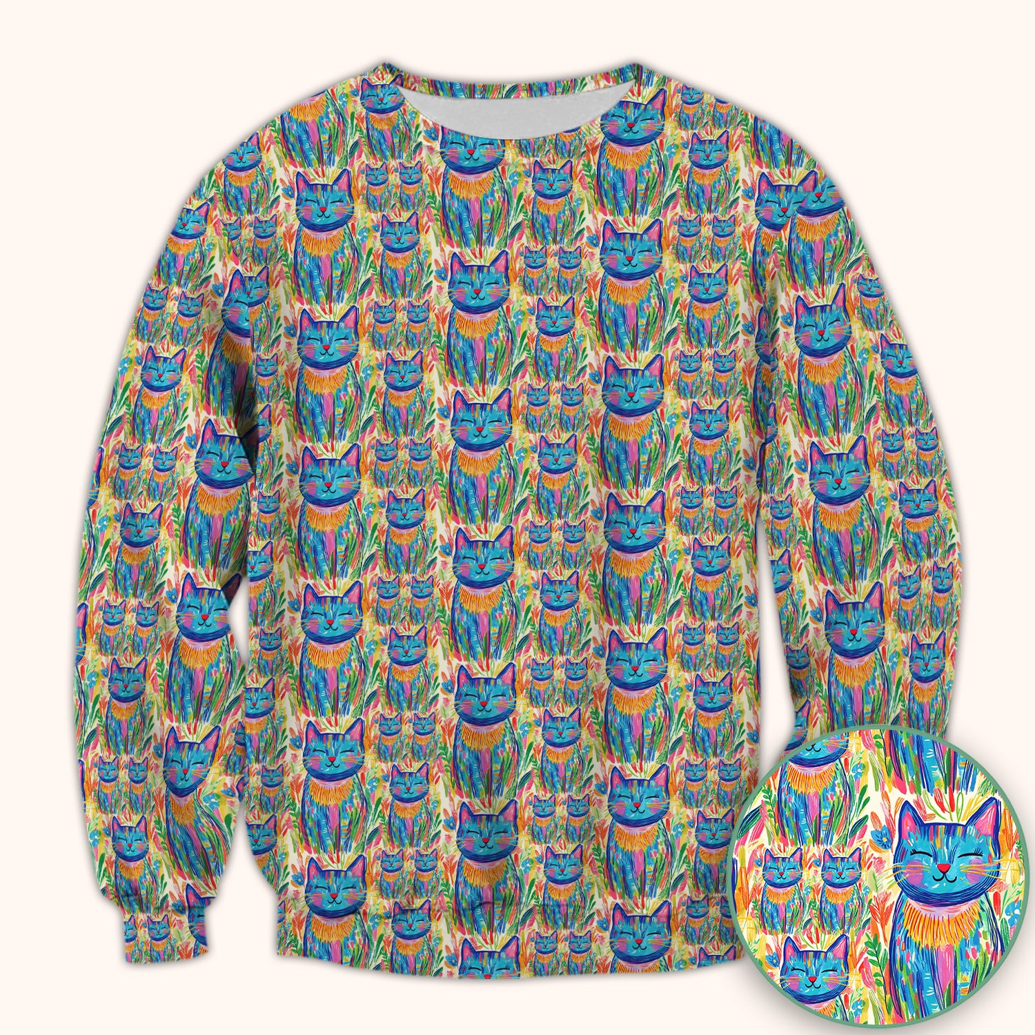 Colorful Rainbow Cat With Floral Brushstroke Scrub Top, Breathable Fabrics Nursing Uniform