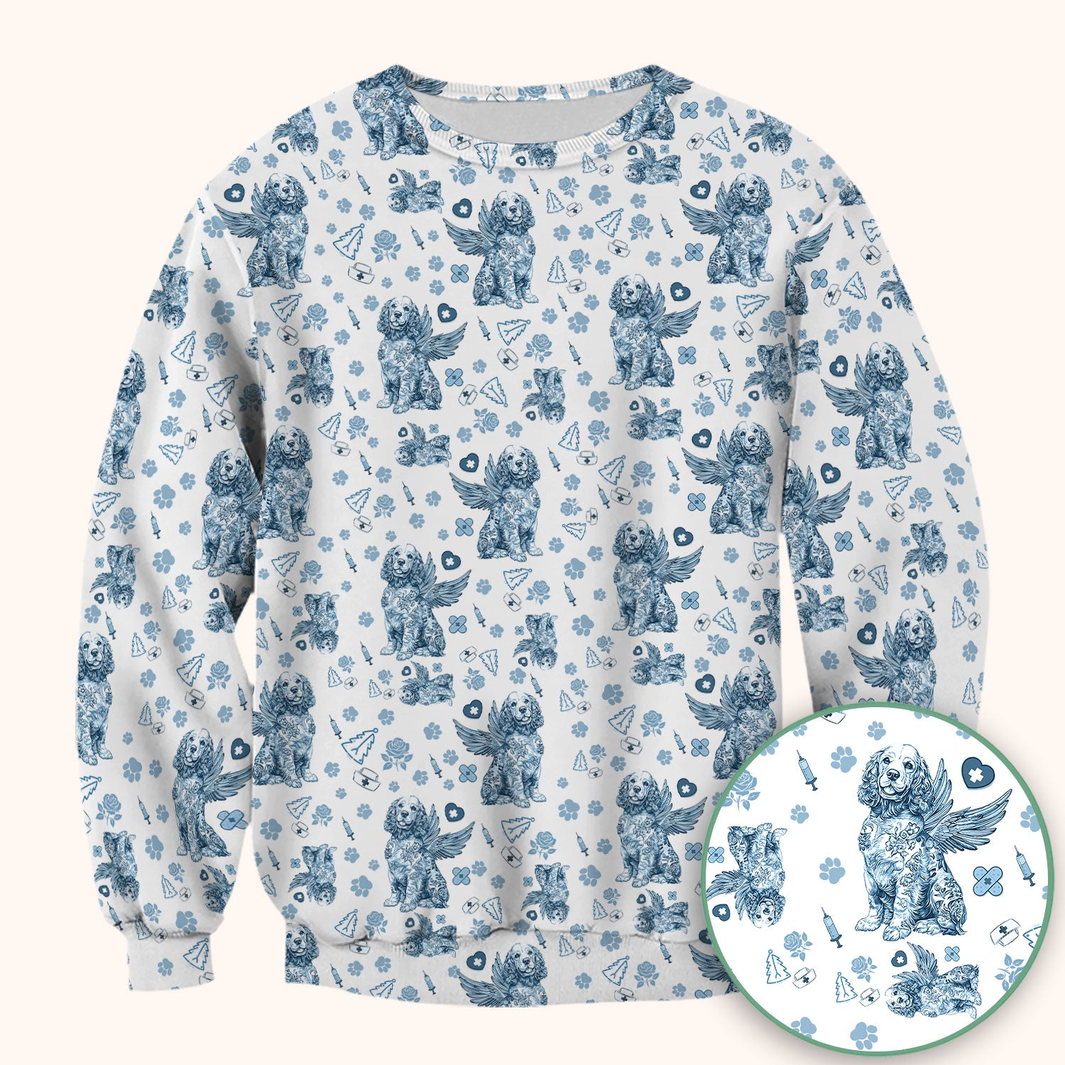 Toile De Jouy Scrubs for Nurses - Angel Puppy Medical Uniform - Floral Dog in Heaven Gift for Women, Vet Techs, RN CNA LPN
