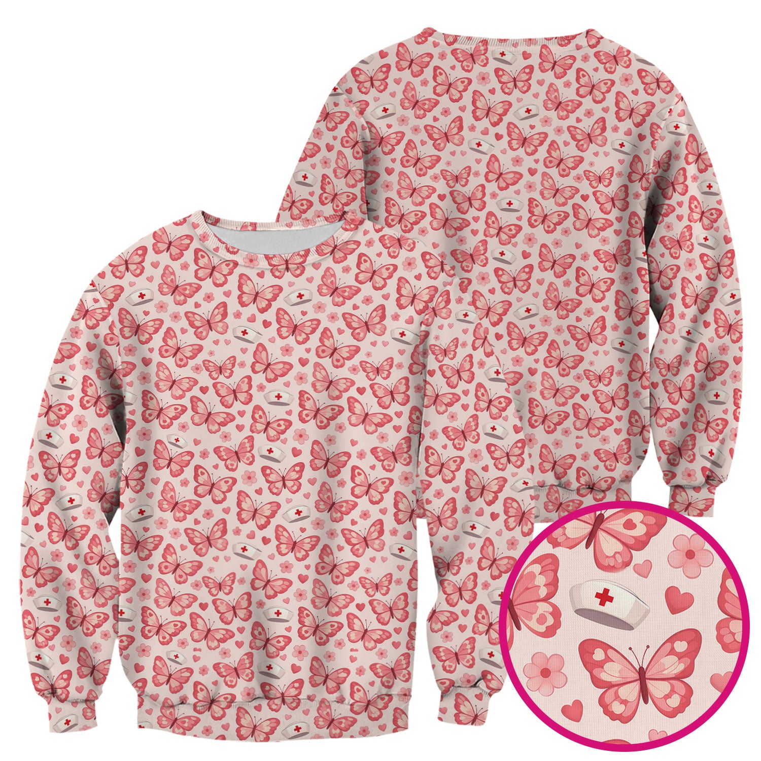 Valentine Butterfly Pattern Nurse Scrub Top, Pink Heart Medical Shirt For Women, Breathable Fabrics Nursing Uniform