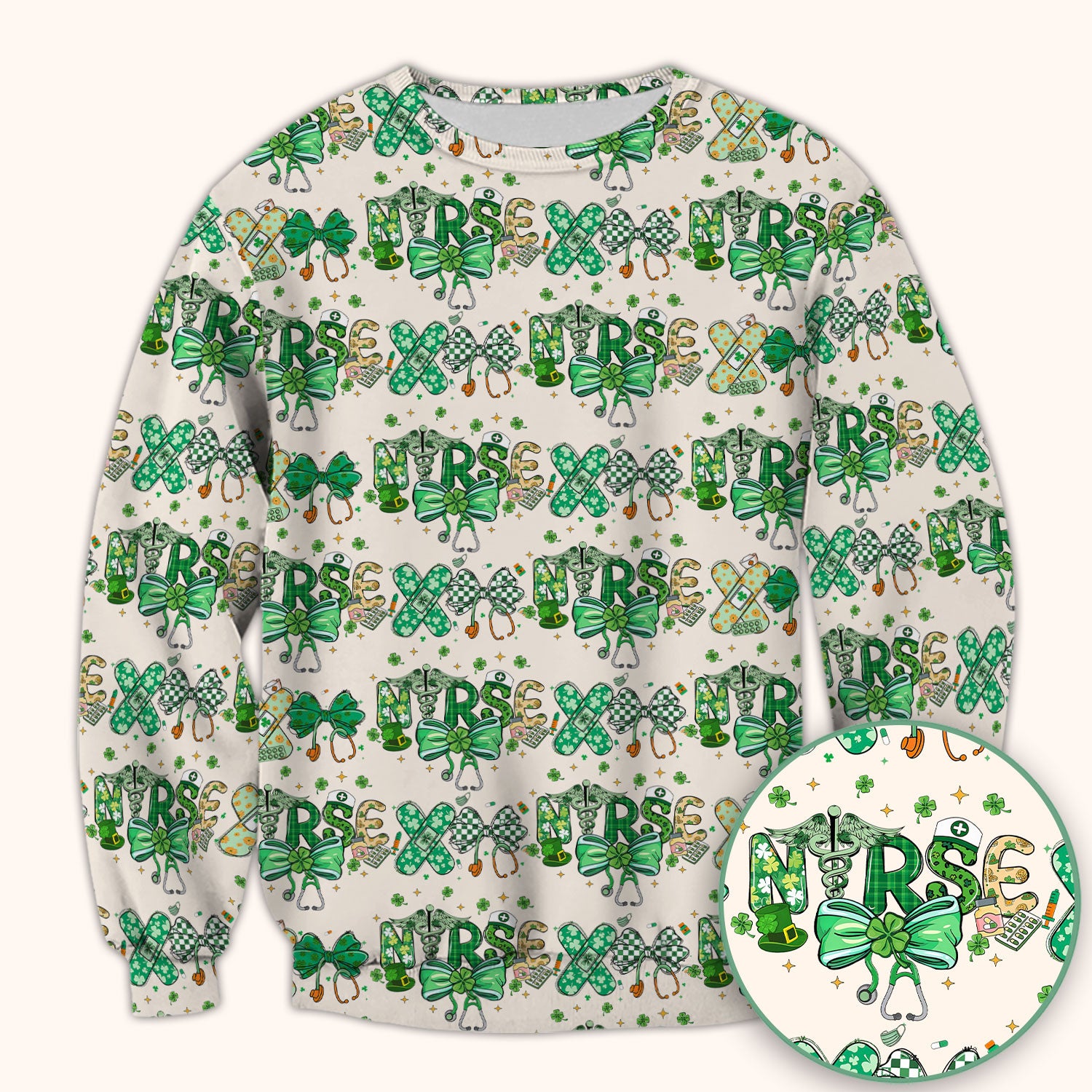 St. Patrick’s Nurse Scrub Top, Lucky Clover And Green Bow Pattern Nurse Shirt, Breathable Fabrics Nursing Uniform