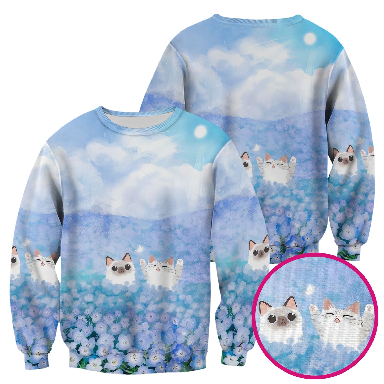 Dreamy Cat Cloud Hydrangea Sky Pattern Scrub Top, Comfortable Scrubs for Nurses