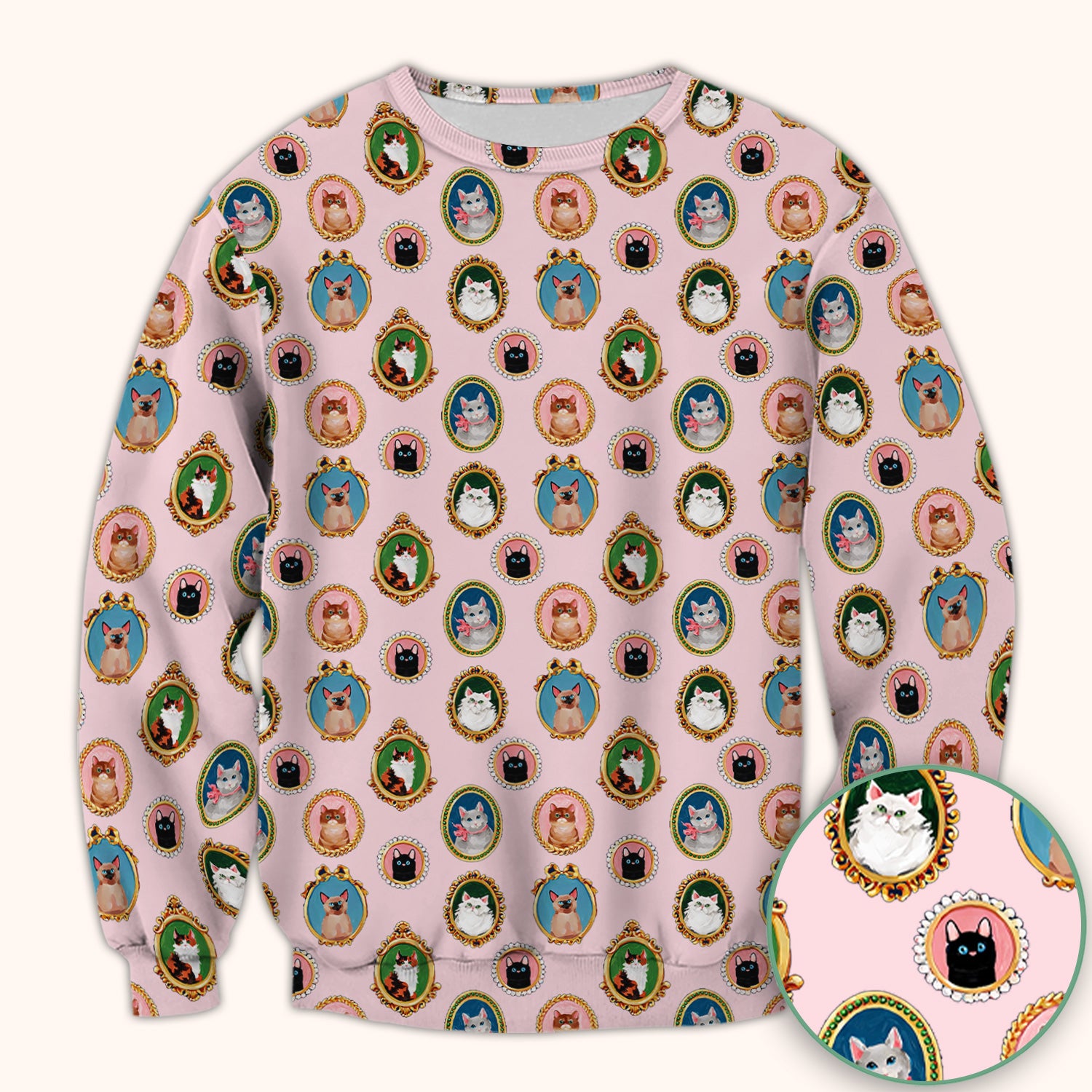 Vintage Cat Portrait Pattern Scrub Top, Breathable Medical Uniform Top