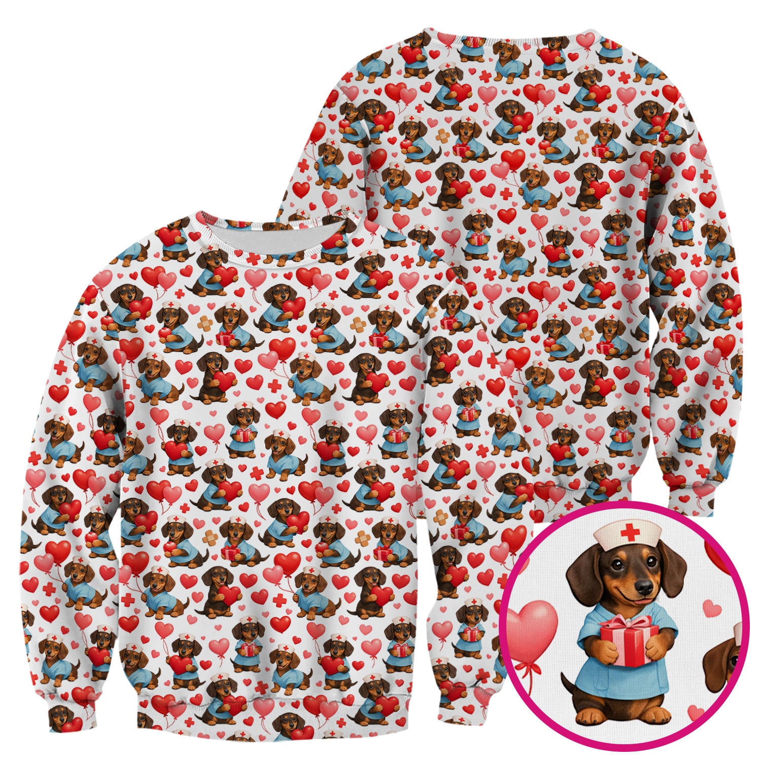 Dachshund Valentine Nurse Scrub Top, Cute  Wiener Dog Medical Pattern Shirt, Breathable Fabrics Nursing Uniform