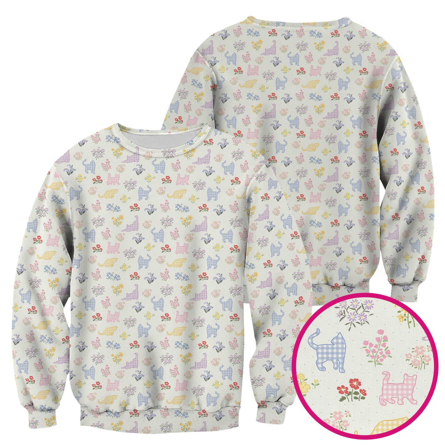 Pastel Cat Floral Nurse Scrub Top, Cute Cat Medical Pattern Shirt, Breathable Fabrics Nursing Uniform
