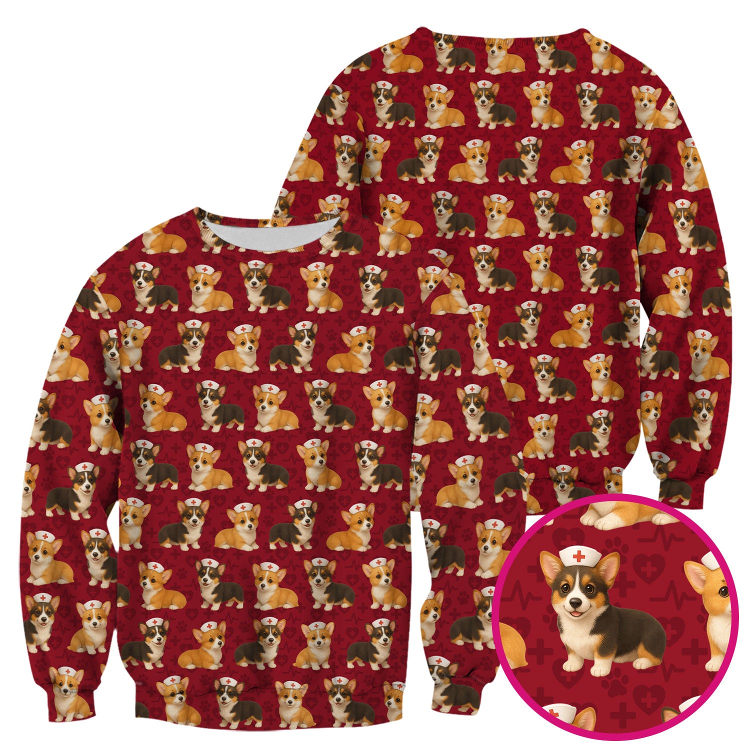 Christmas Corgi Scrubs for Women - Cute Dog Pattern Medical Scrub Top - Festive Holiday Christmas Scrubs with Adorable Corgi Design