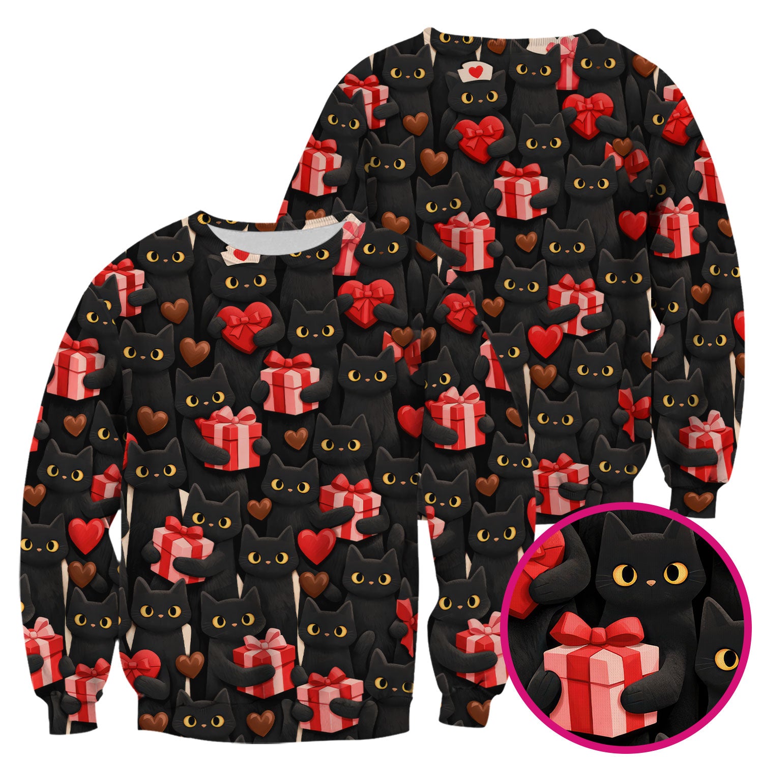 Black Cat Valentine Nurse Scrub Top, Heart Pattern Medical Shirt, Breathable Fabrics Nursing Uniform