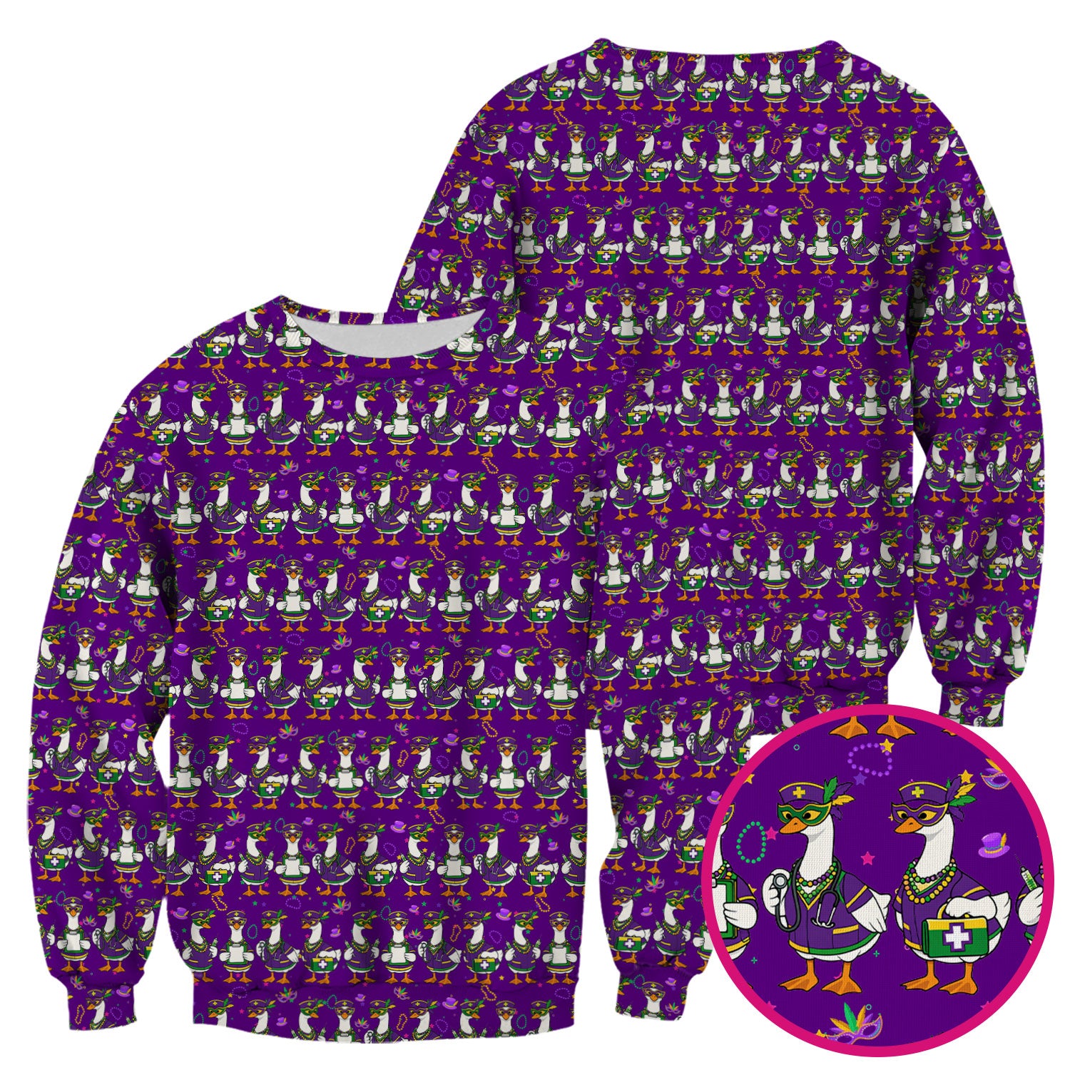 Mardi Gras Nurse Goose Scrub Top, Purple Carnival Parade Medical Pattern Nurse Shirt, Breathable Fabrics Nursing Uniform