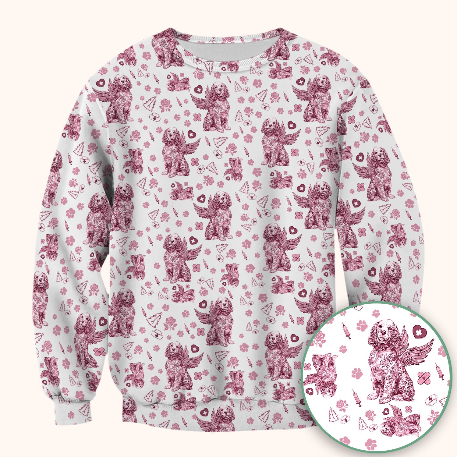 Toile De Jouy Scrubs for Nurses - Angel Puppy Medical Uniform - Floral Dog in Heaven Gift for Women, Vet Techs, RN CNA LPN