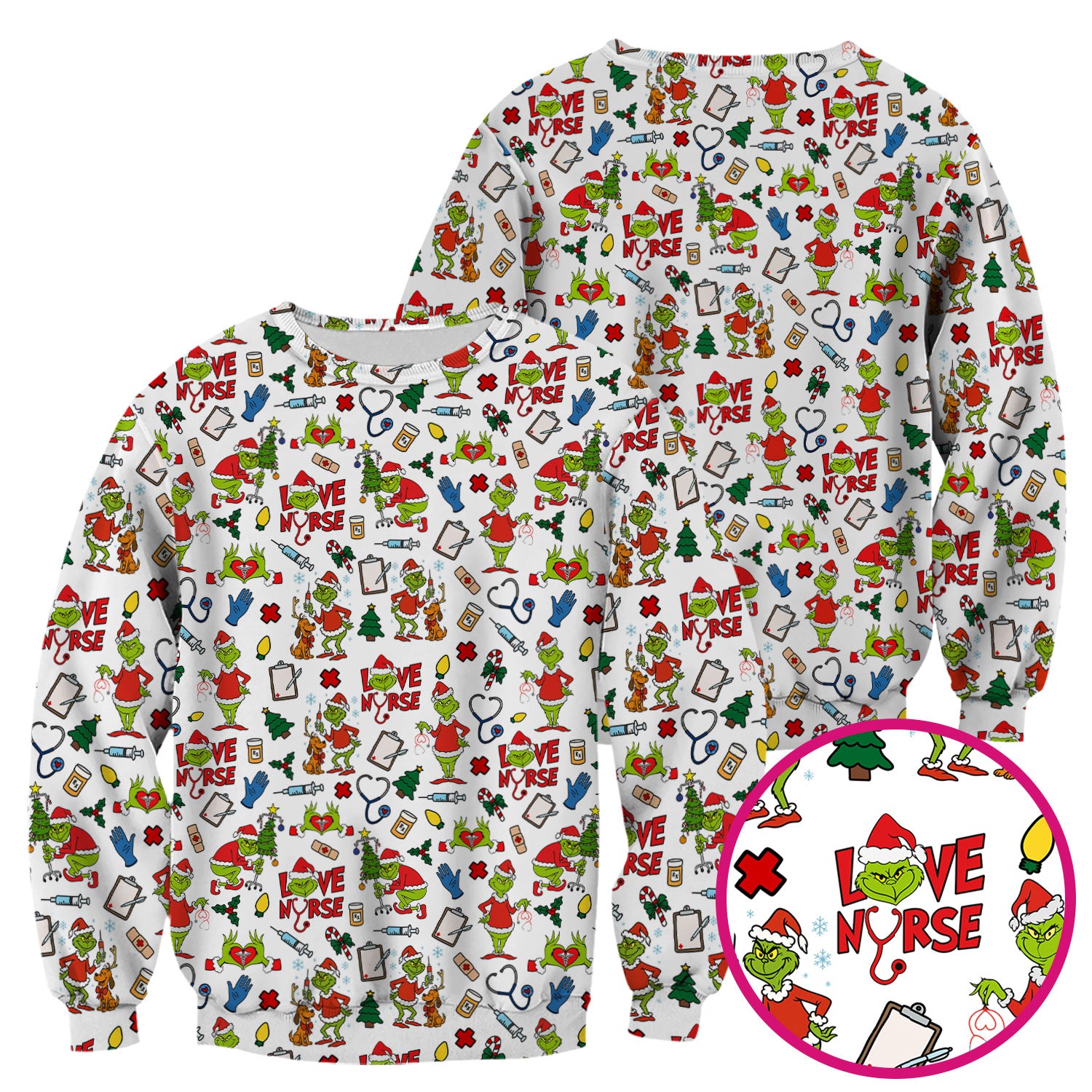 Funny Grinch Love Nurse Scrub Top - Multi Color Christmas Scrub Shirt - Cute Holiday Nursing Workwear with Pockets for Women