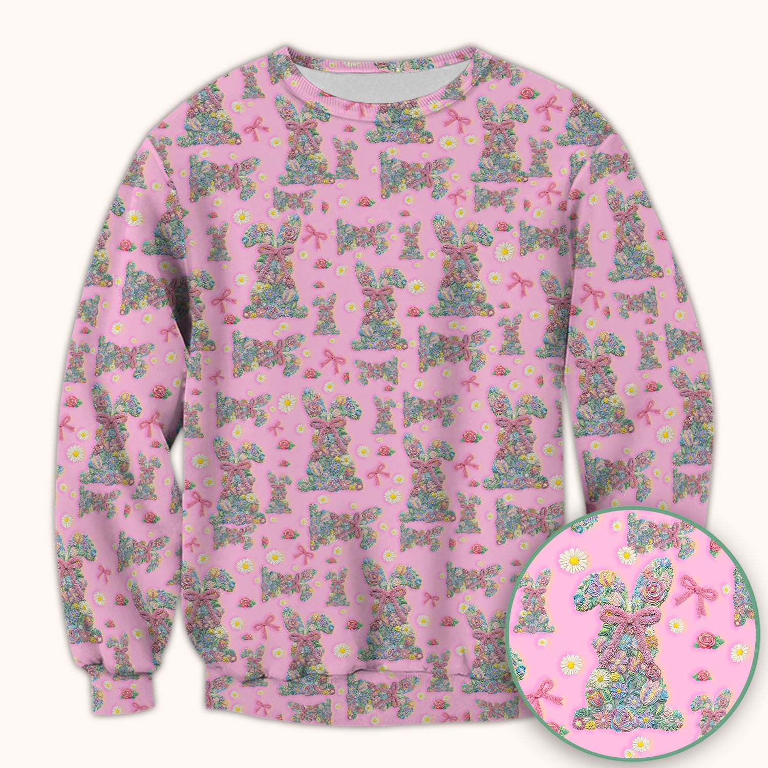 Colorful Floral Bunny with Pink Bow Pattern Scrub Top, Breathable Fabrics Nursing Uniform, Easter