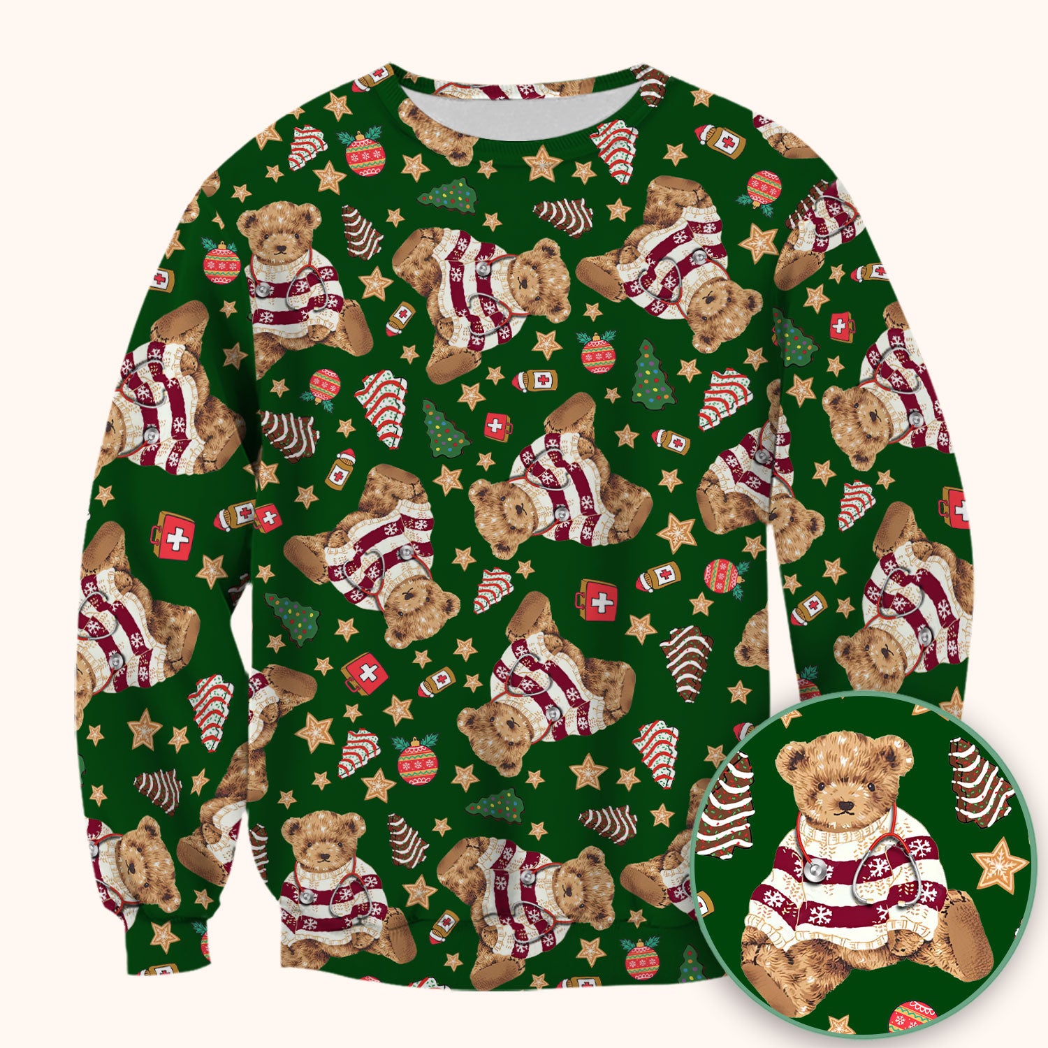 Teddy Bear Christmas Scrub Top - Cute Holiday Medical Pattern with Warm Sweater Bear - Gift for Nurses RN CNA LPN