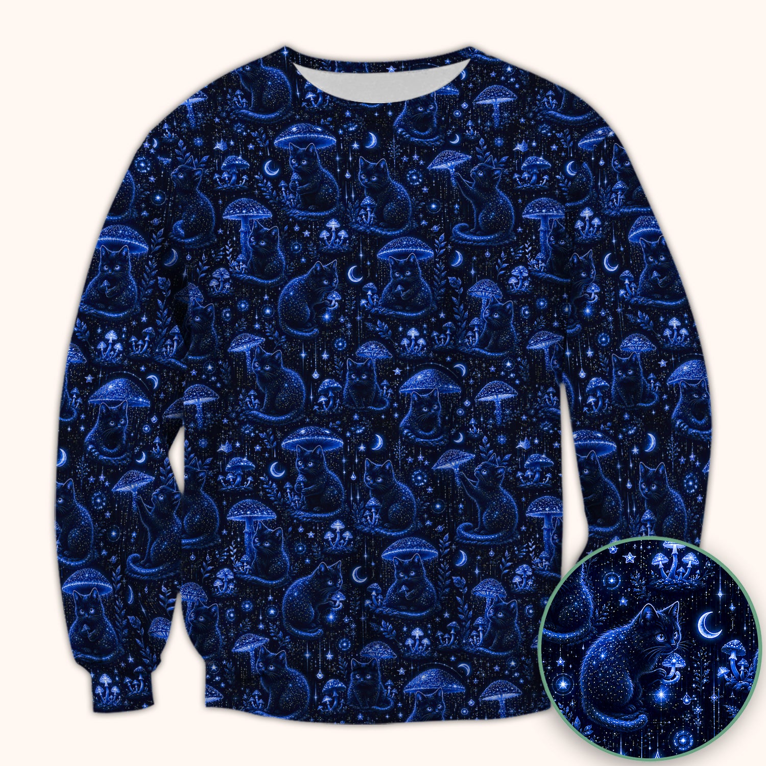 Celestial Black Cat Mushroom Pattern Scrub Top, Comfortable Scrubs for Nurses