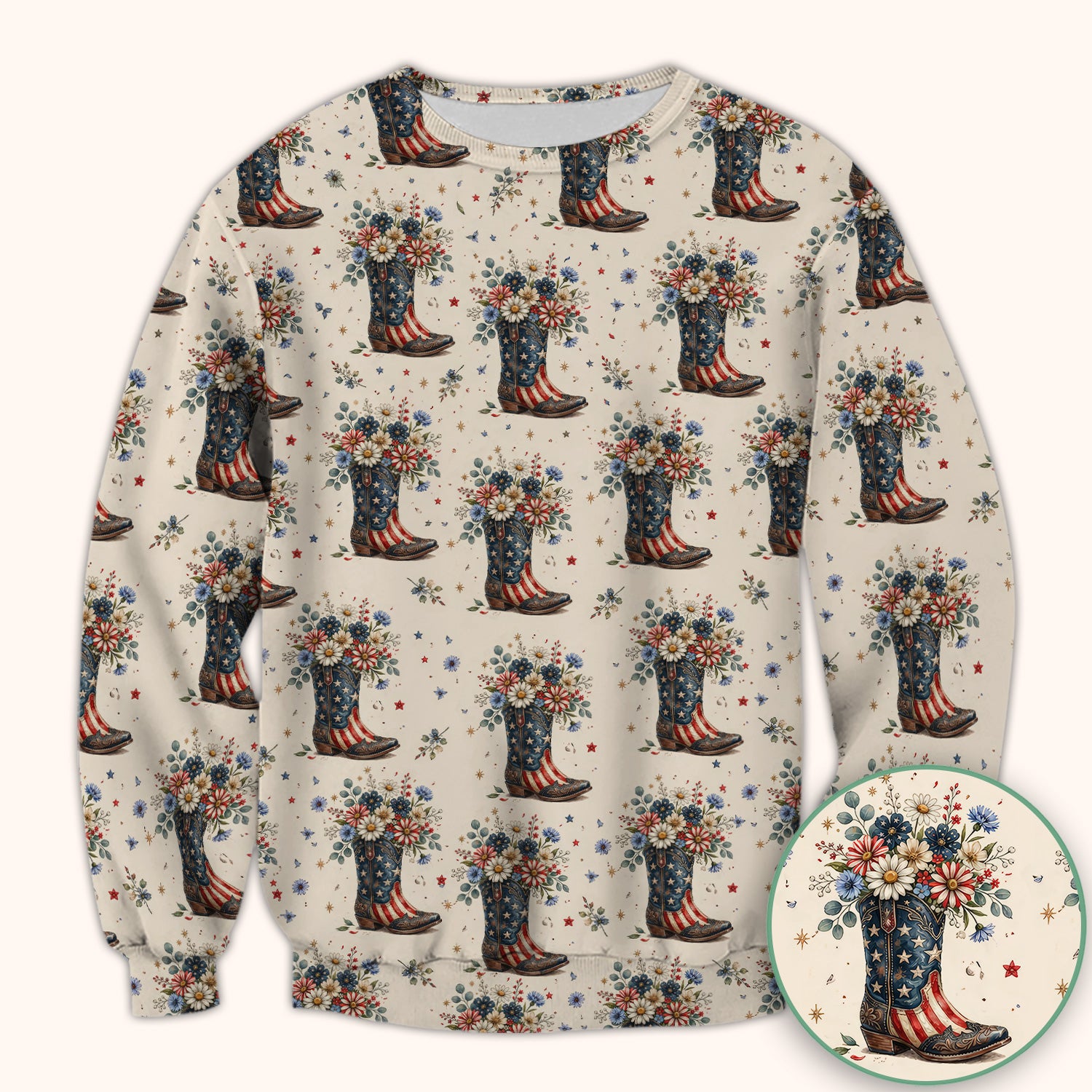 Festive Patriotic Cowboy Boots Flower Pattern Scrub Top, Comfortable Scrubs for Nurses