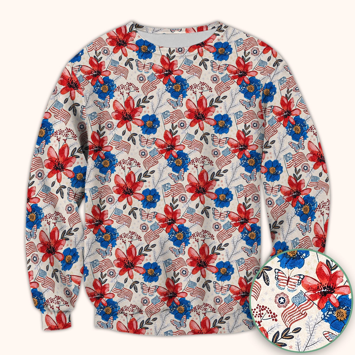 Patriotic Floral Flag Butterfly Pattern Scrub Top, Comfortable Scrubs for Nurses