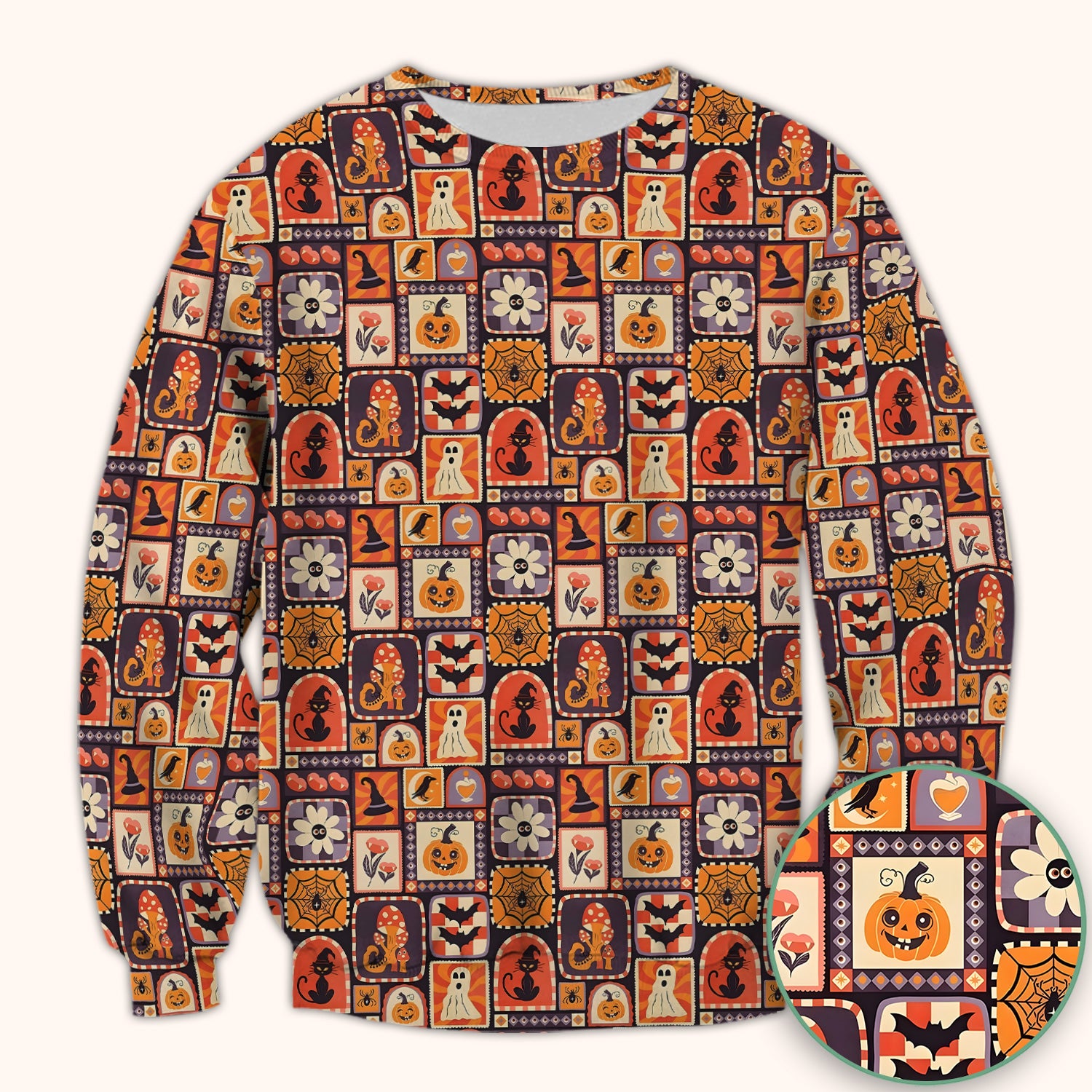 Retro Halloween Patchwork Icons Scrub Top, Comfortable Scrubs for Nurses