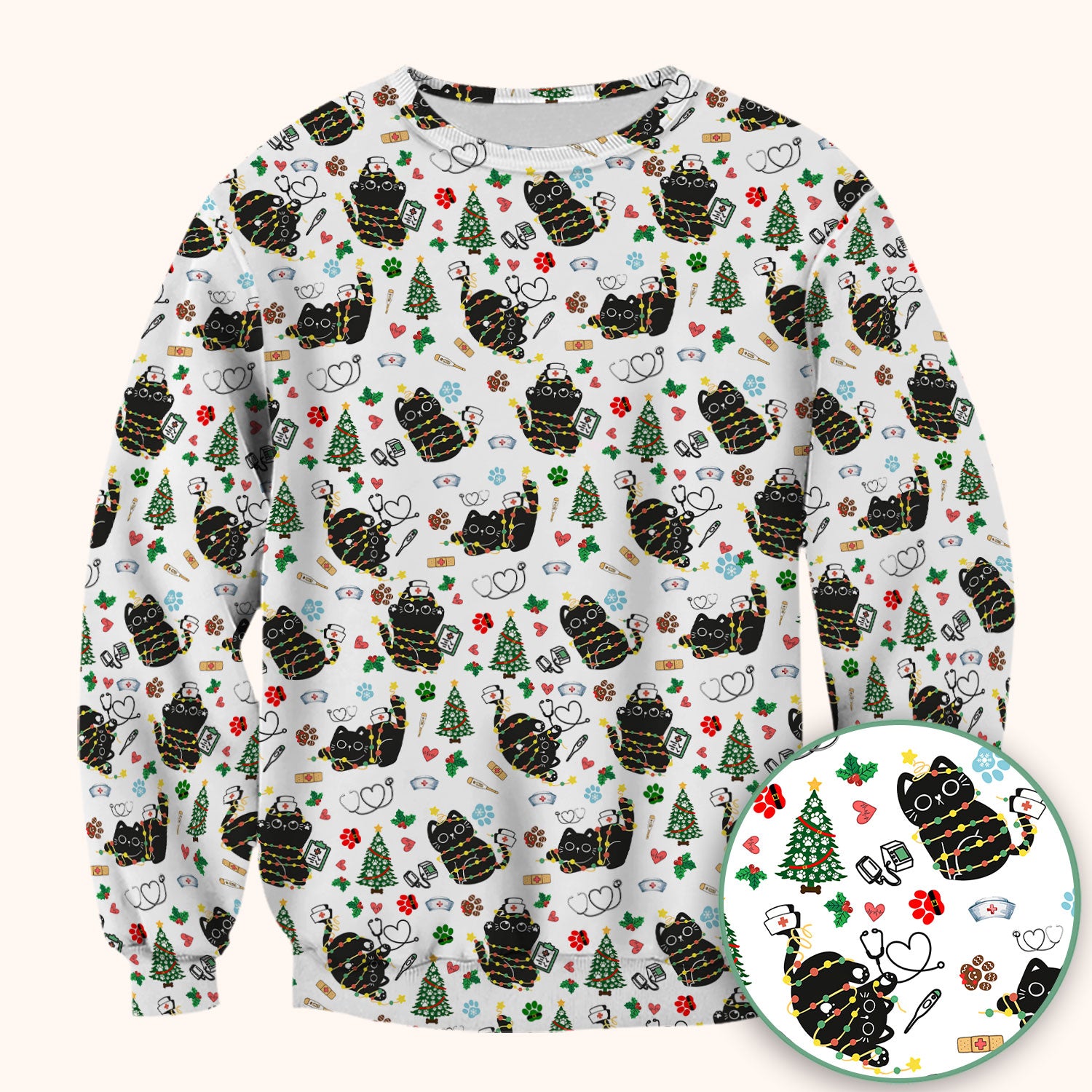 Funny Black Cat Christmas Scrub Top – Cute Holiday Kitty Pattern – Festive Medical Uniform for Nurses, Vets, and Cat Lovers