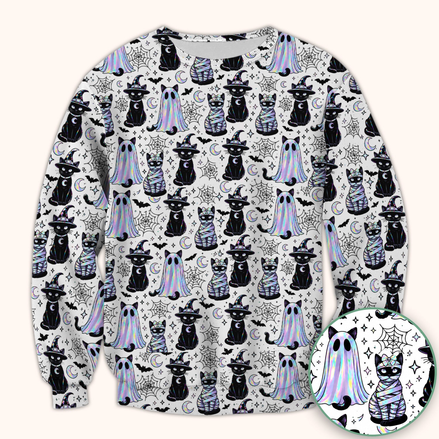 Ghost Witch Cat Pattern Scrub Top, Comfortable Scrubs for Nurses