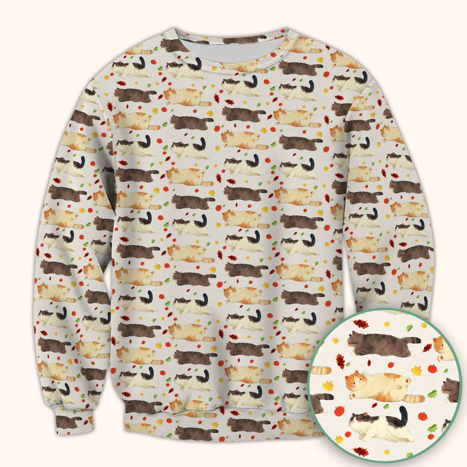 Chubby Cat Autumn Leaves Print Scrub Top, Breathable Fabrics Nursing Uniform