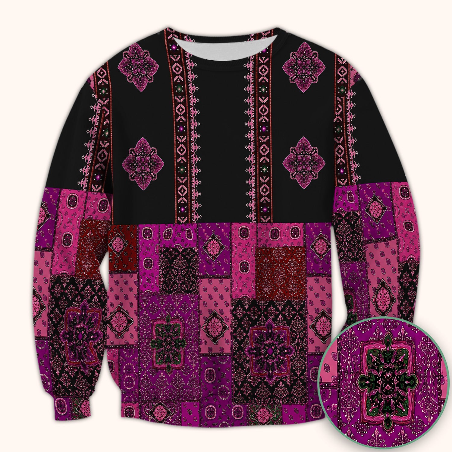 Boho Pink Bandana Patchwork Pattern Scrub Top, Comfortable Scrubs for Nurses
