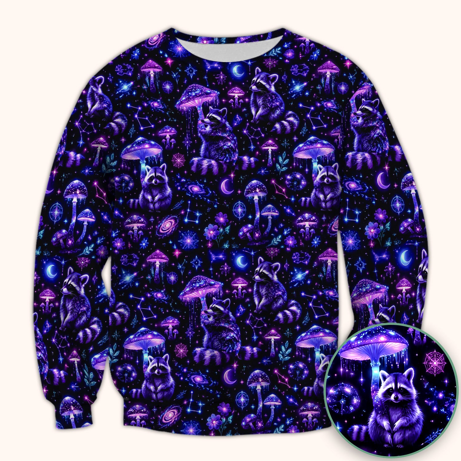 Cosmic Raccoon Mushroom Print Scrub Top, Comfortable Scrubs for Nurses