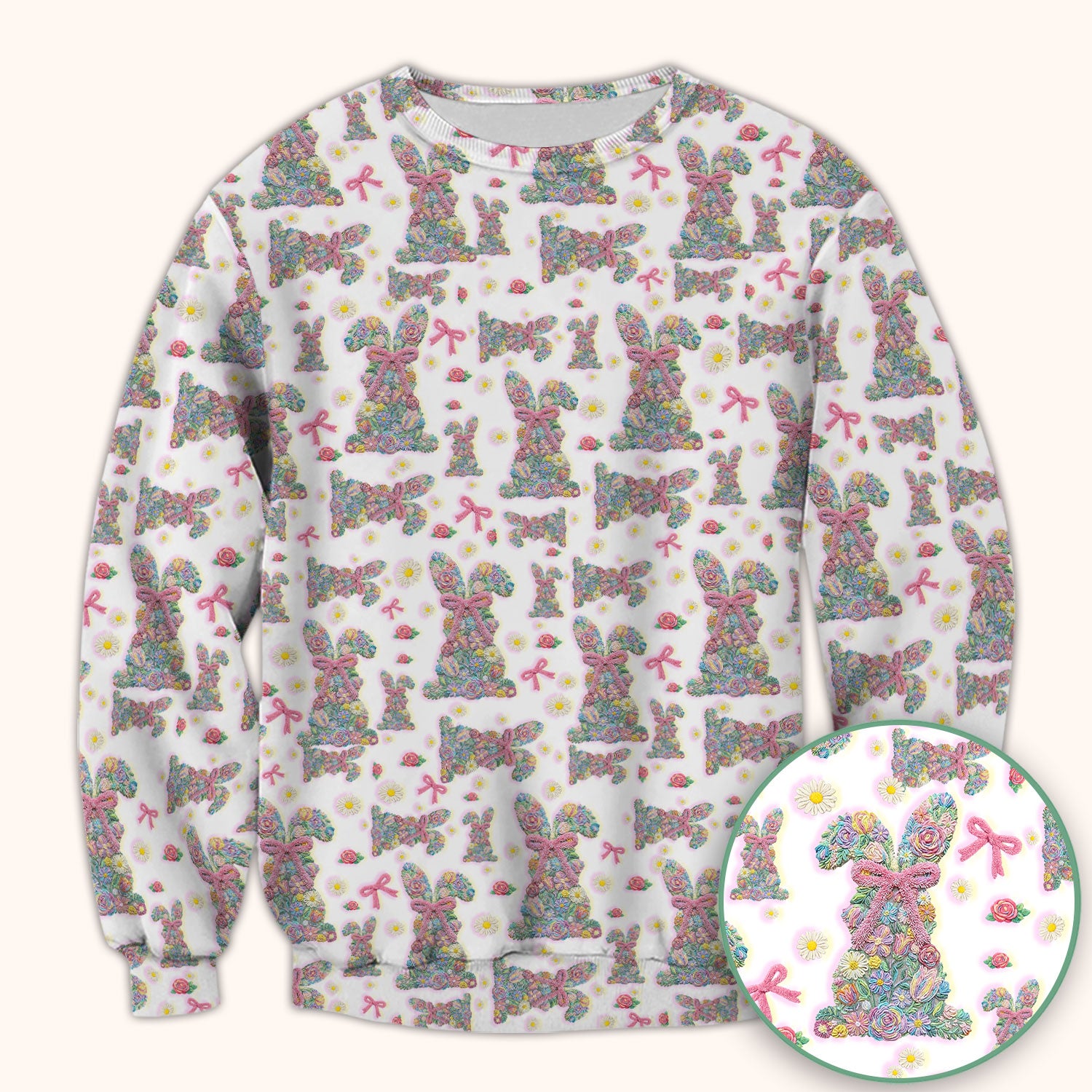 Colorful Floral Bunny with Pink Bow Pattern Scrub Top, Breathable Fabrics Nursing Uniform, Easter