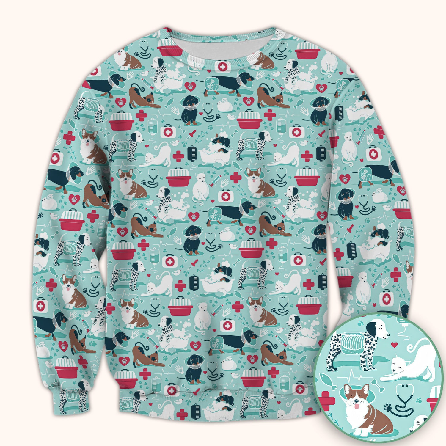 Dogs With Veterinary Tools And Paw Print Scrub Top, Breathable Fabrics Nursing Uniform