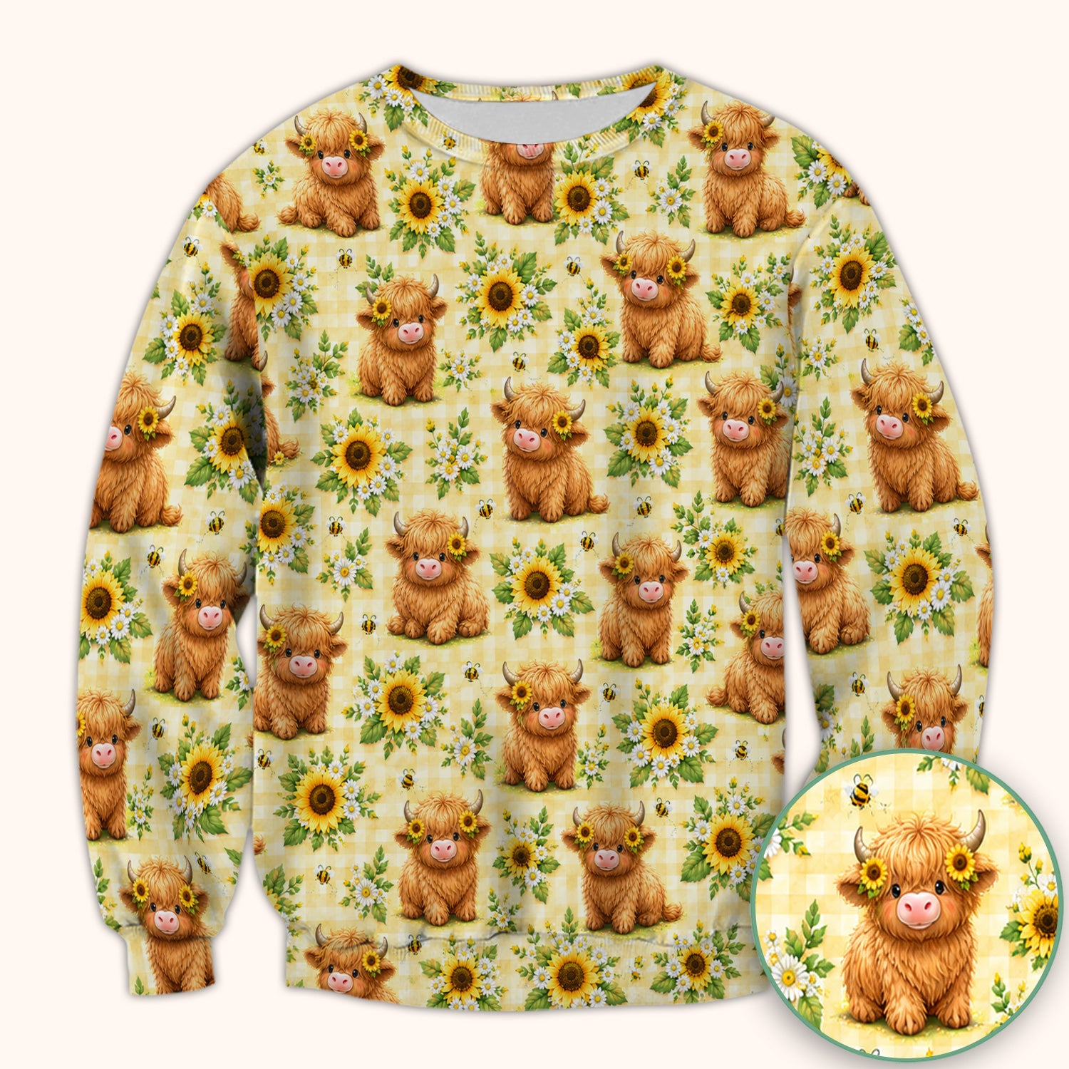 Sunflower Highland Cow And Bee Pattern Scrub Top, Comfortable Scrubs for Nurses