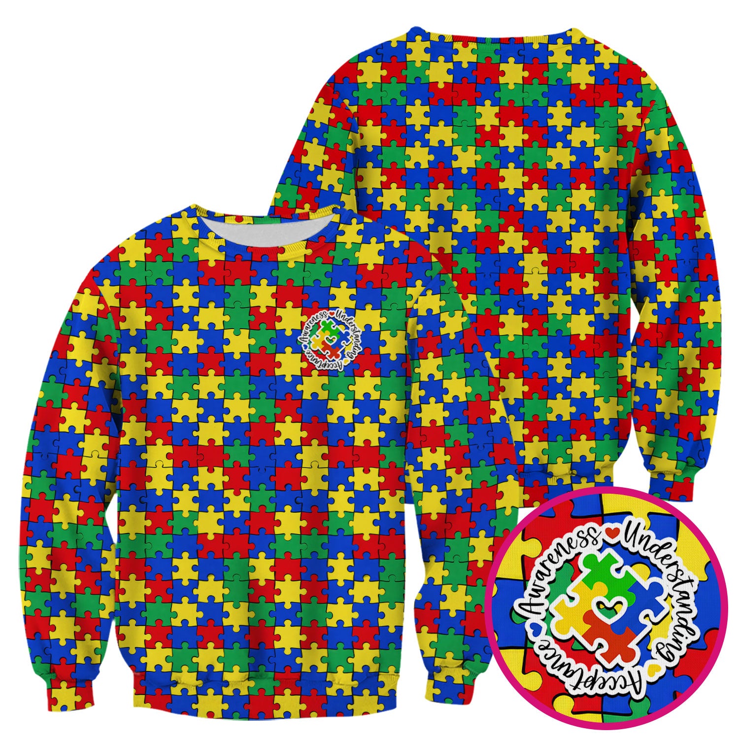 Autism Awareness Puzzle Pattern Scrub Top, Breathable Fabrics Nursing Uniform