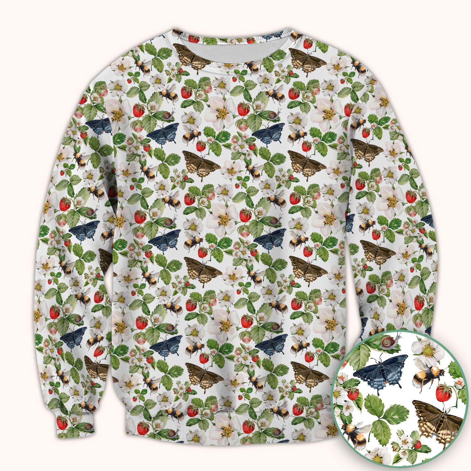 Charming Strawberry Butterfly Garden Pattern Scrub Top, Comfortable Scrubs for Nurses