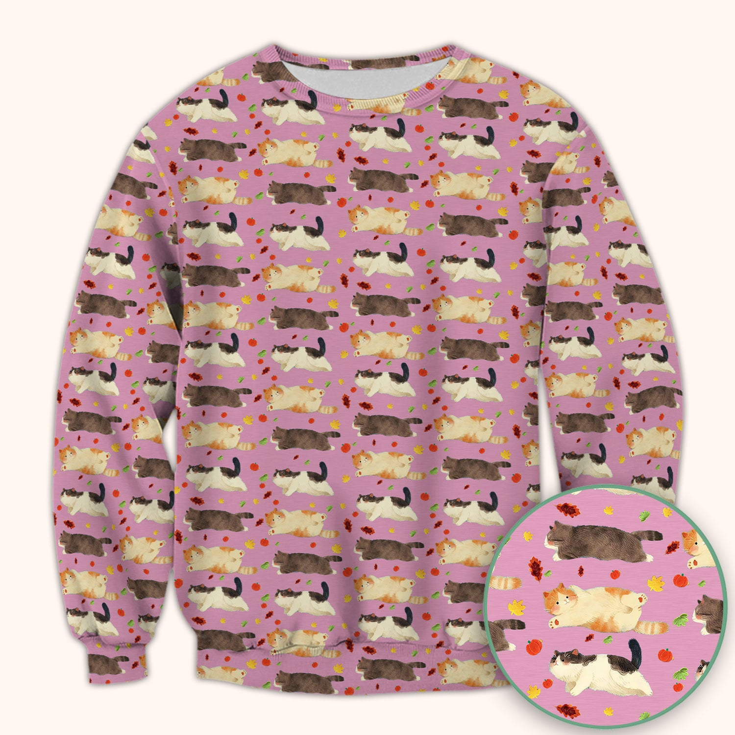 Chubby Cat Autumn Leaves Print Scrub Top, Breathable Fabrics Nursing Uniform