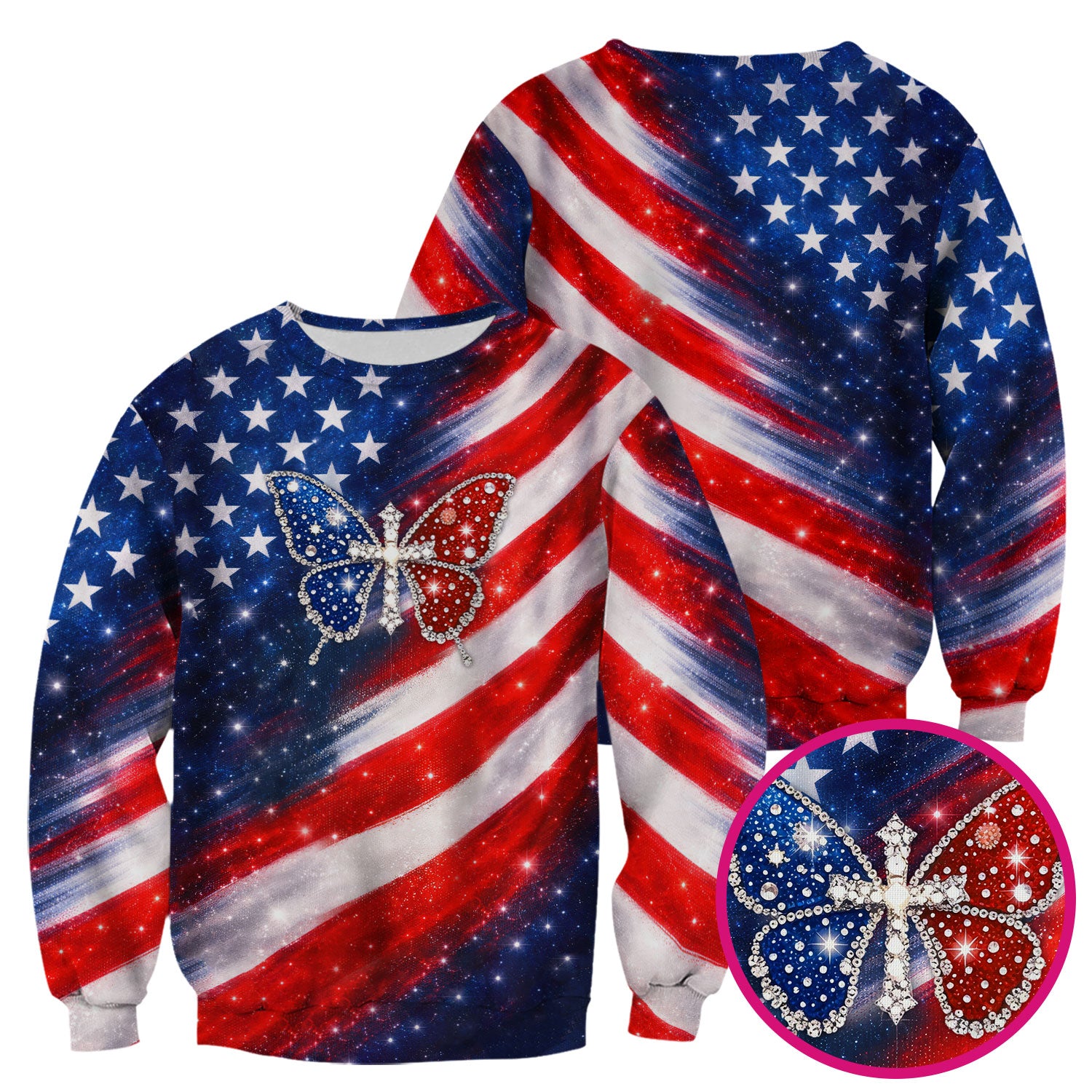 USA Flag Glitter Butterfly Rhinestone Pattern Scrubs Top, Breathable Fabrics Nursing Uniform