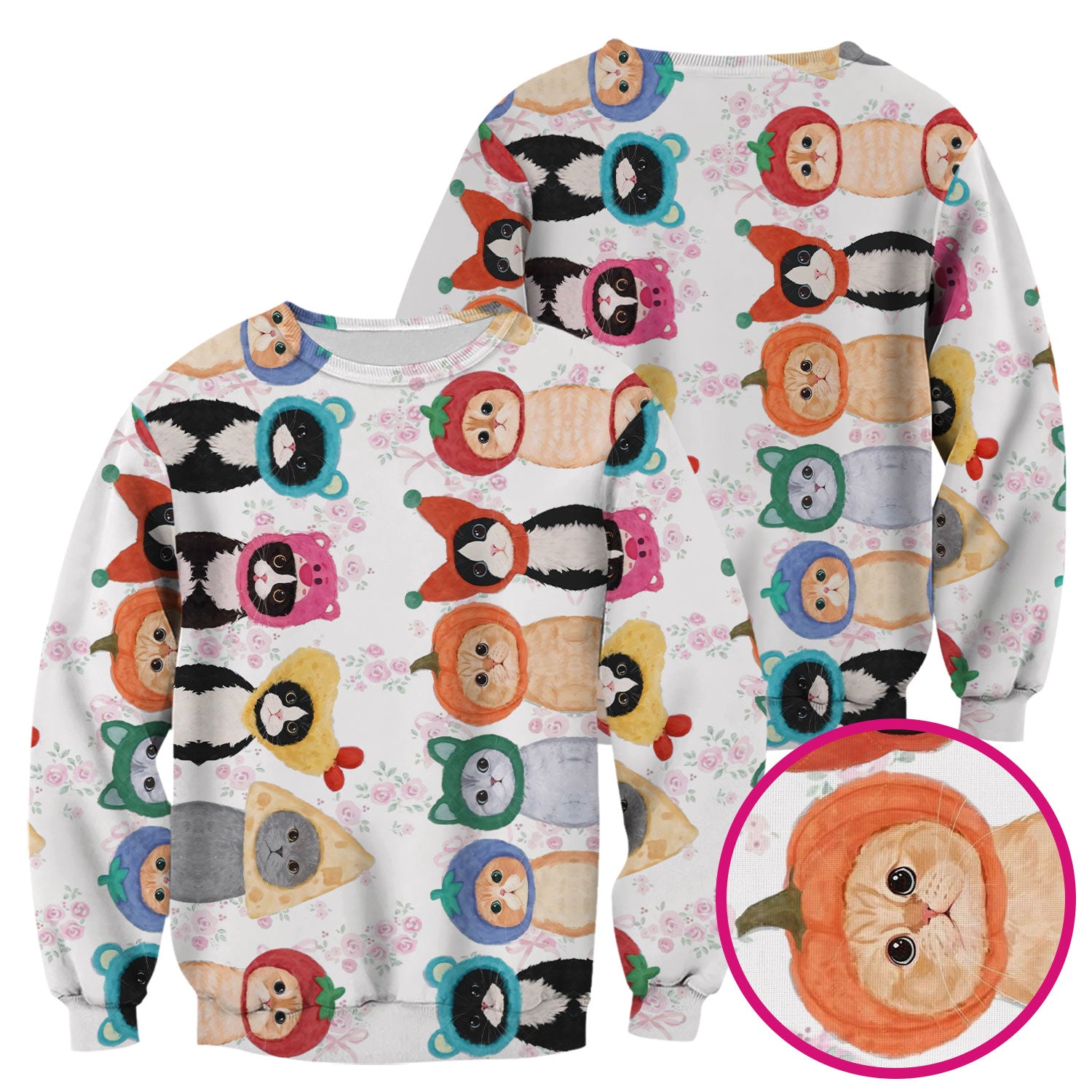 Funny Cartoon Cat Print Scrub Top, Nurse Healthcare Workwear