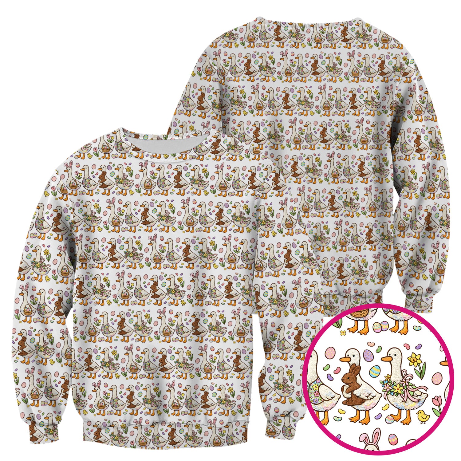 Easter Theme Duck and Bunny Egg Floral Print Scrub Top, Comfortable Scrubs for Nurses