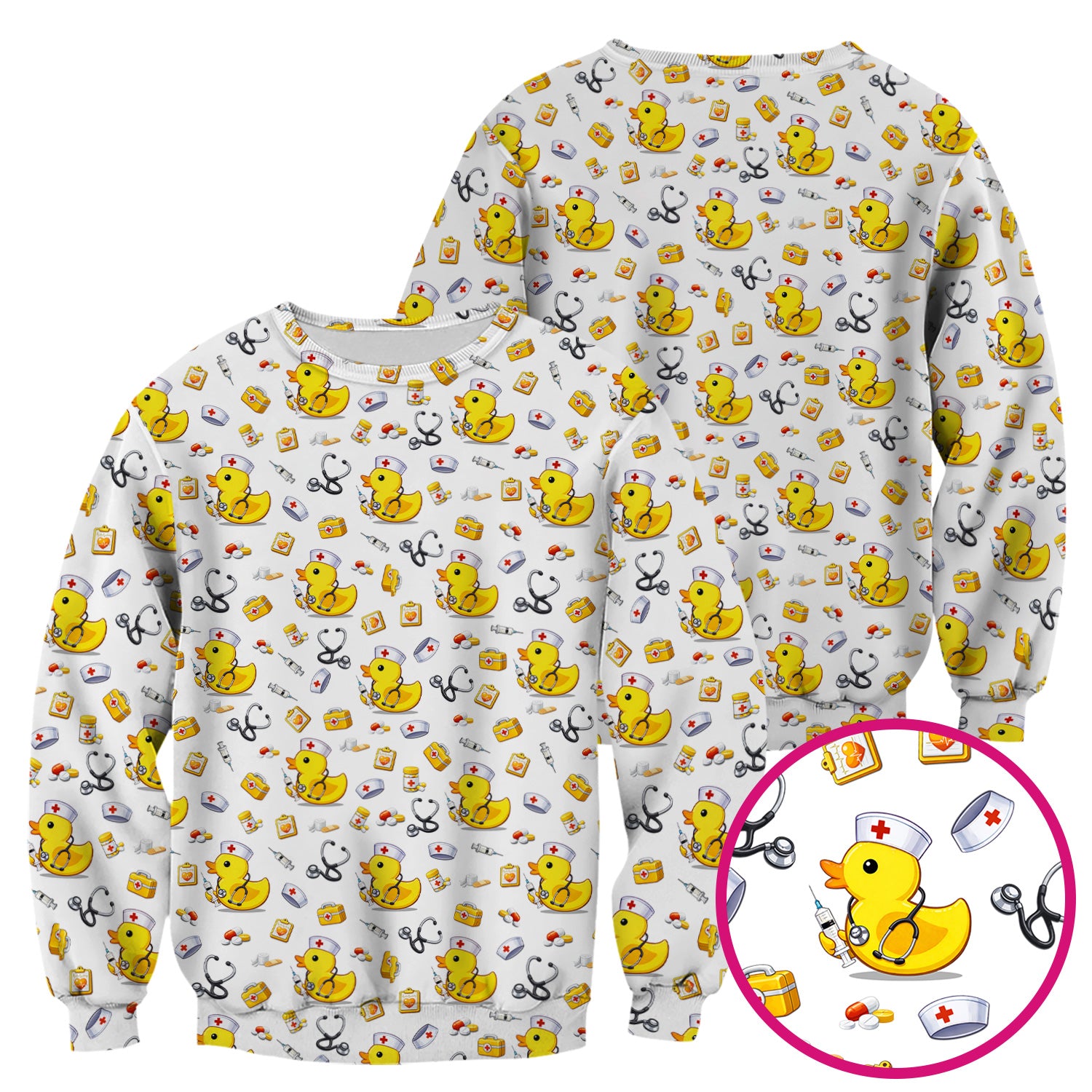 Playful Medical Duck Print Nurse Scrub Top, Comfortable Scrubs for Nurses