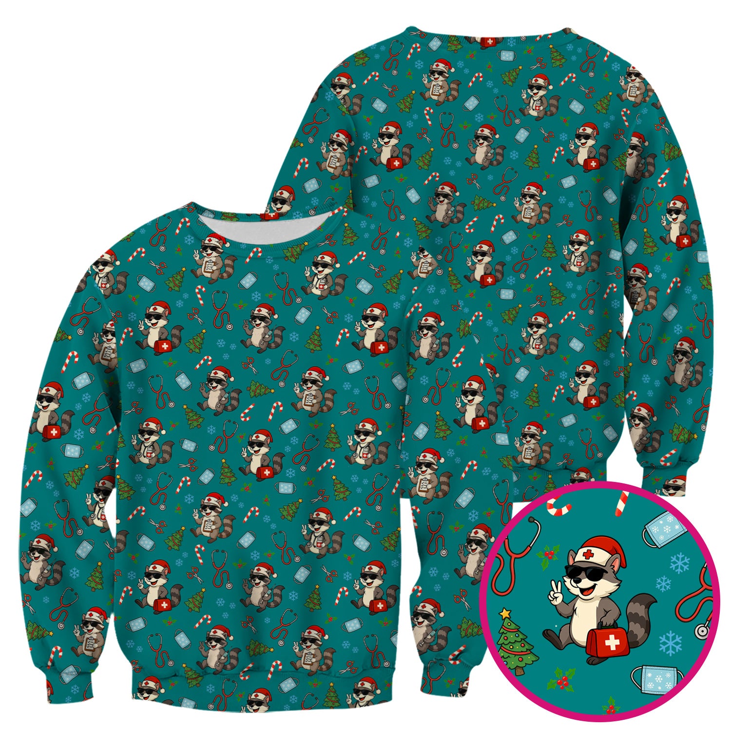 Cute Raccoon Christmas Scrub Top - Santa Hat and Stethoscope Pattern Nurse Scrubs - Funny Holiday Medical Shirt Gift for RN CNA LPN