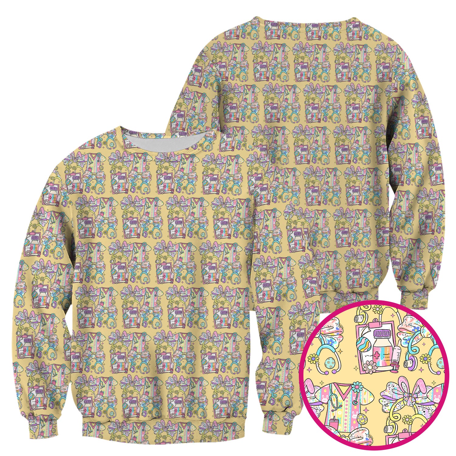 Colorful Nurse Scrub Supplies Pattern Scrub Top, Breathable Fabrics Nursing Uniform