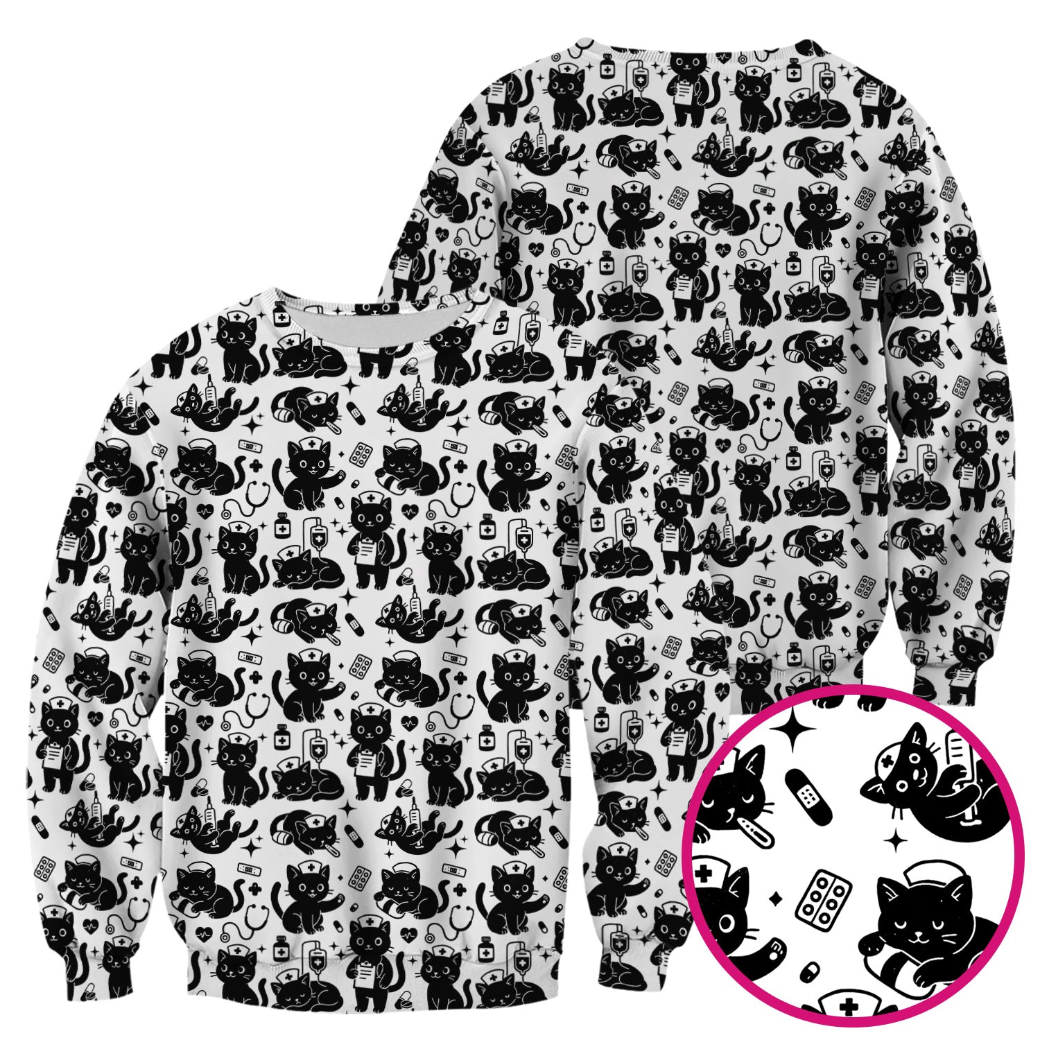 Cute Black Cat Nurse Pattern Scrub Top, Breathable Fabrics Nursing Uniform