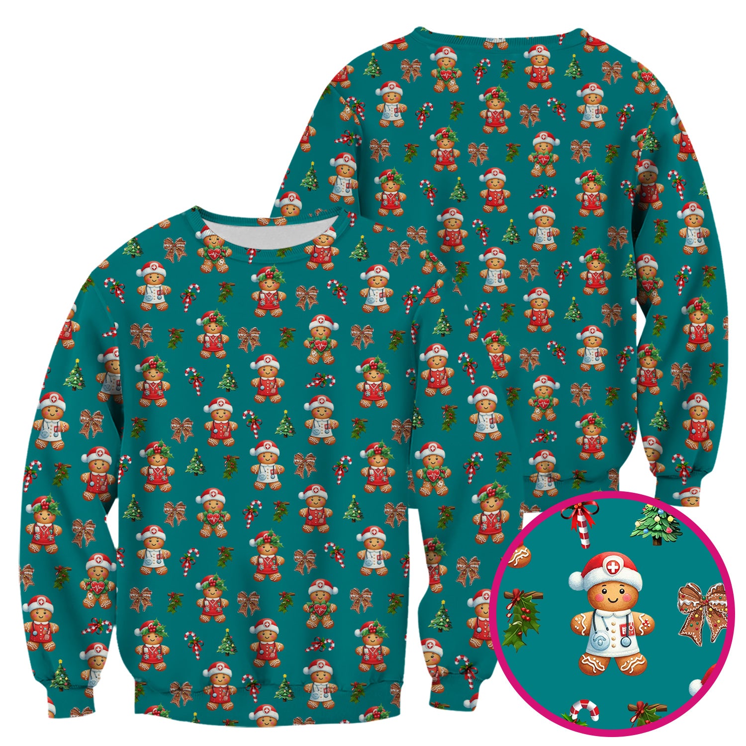 Funny Christmas Scrub Top for Nurse - Adorable Gingerbread Candy Cane Bow- Festive Medical Uniform for Women