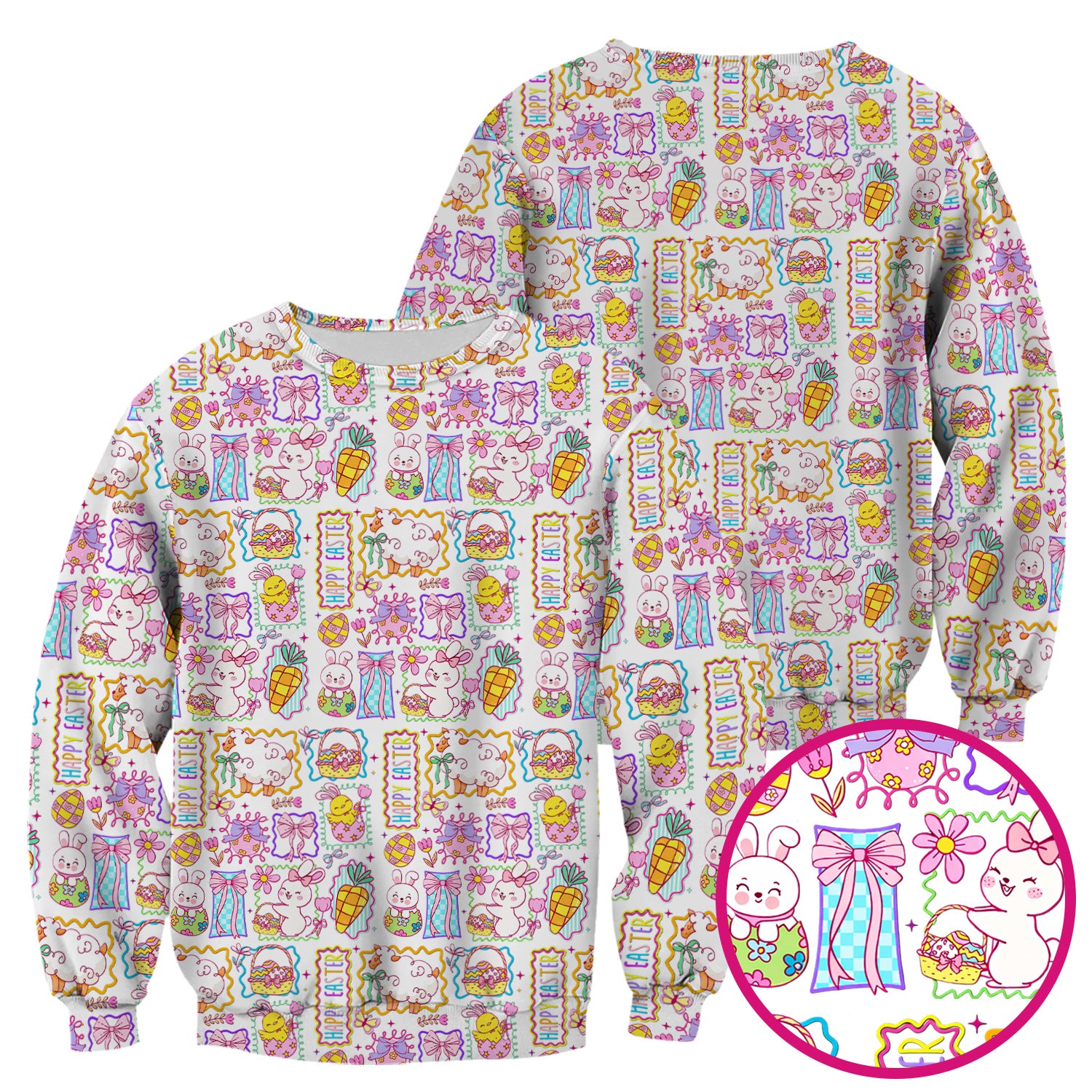 Cute Easter Bunny Egg and Bow Print Scrub Top, Breathable Fabrics Nursing Uniform