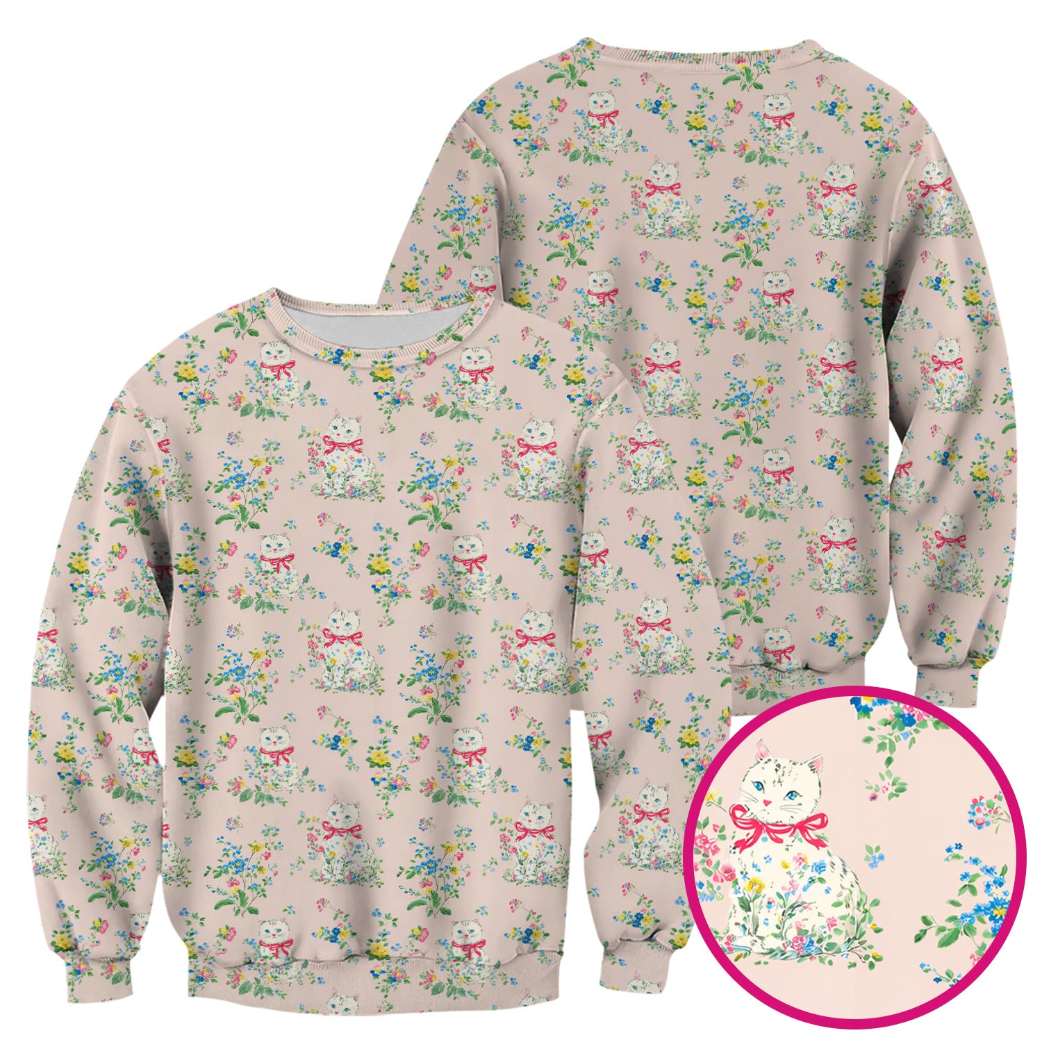 Vintage Floral Cat Print Scrub Top, Comfortable Scrubs for Nurses