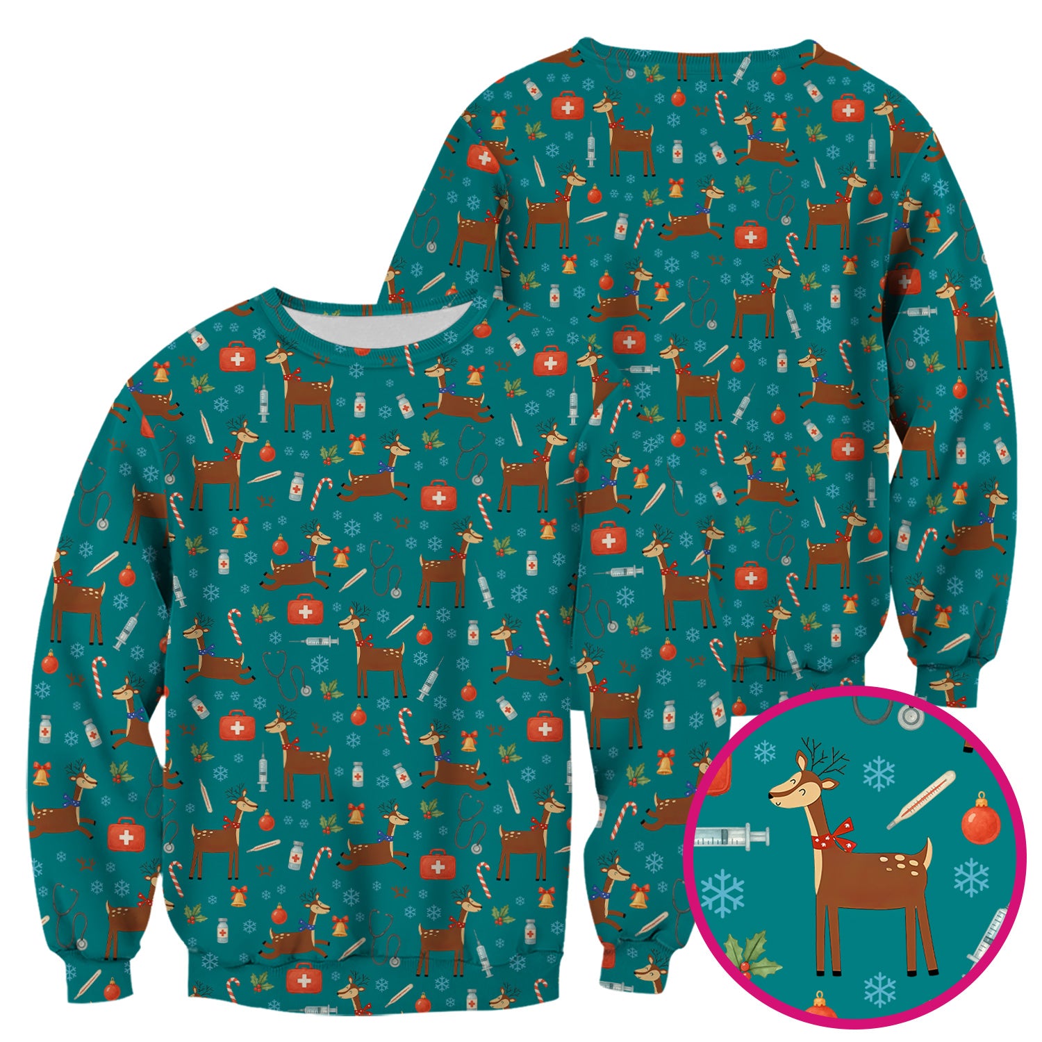 Reindeer Christmas Scrub Top - Snowflakes Candy Canes Holiday Medical Shirt - Xmas Scrubs for Women RN CNA LPN