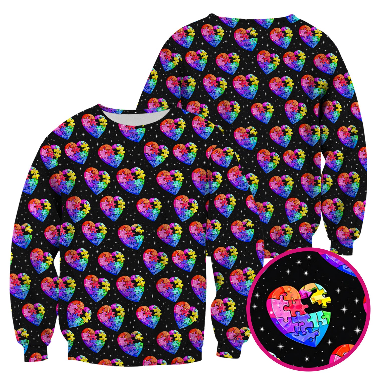 Rainbow Autism Puzzle Heart Pattern Scrub Top, Starry Sky Medical Uniform for Nurses