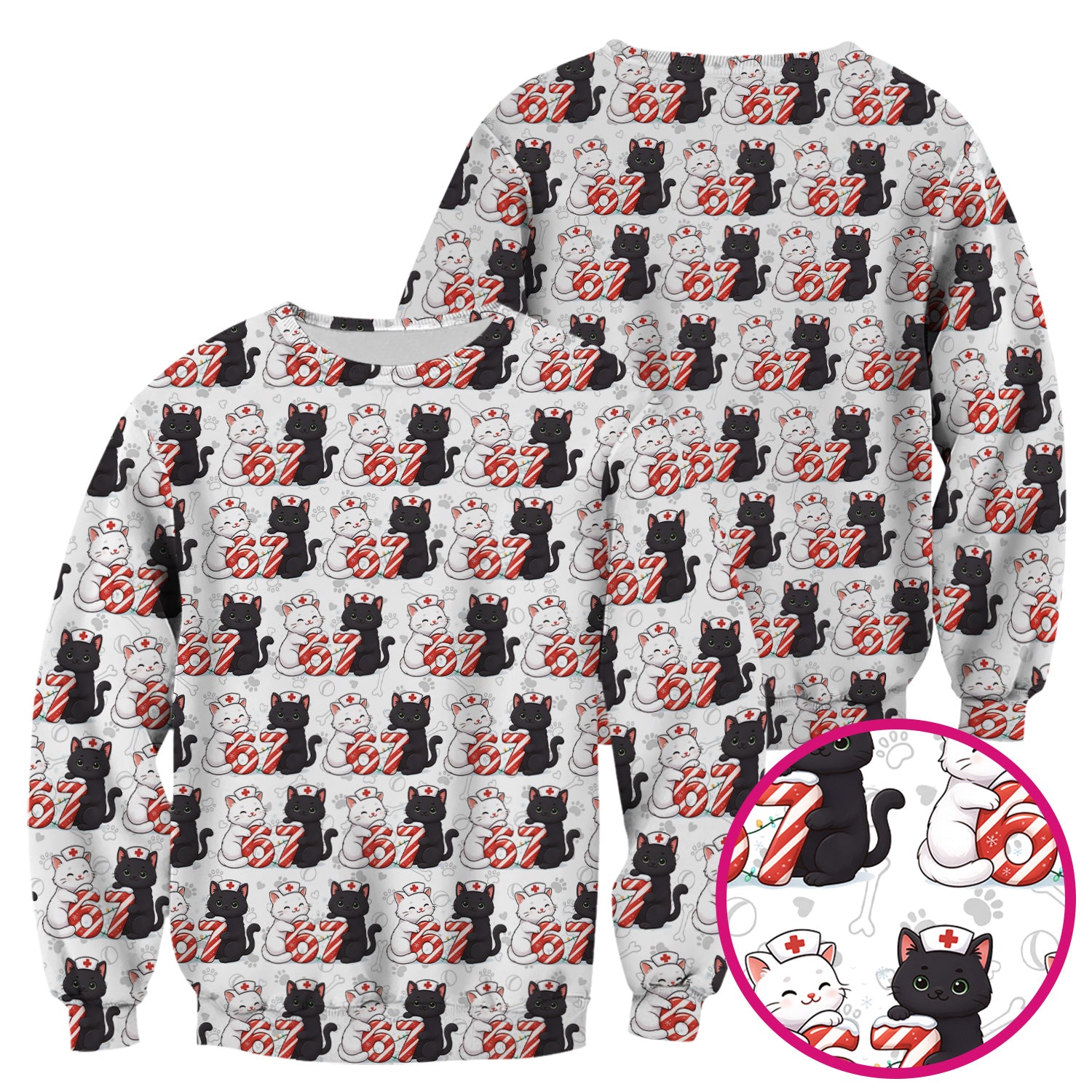 Xmas Cat Pattern Scrub Top, Christmas Nurse Six Seven With Cat Scrub Shirt, Breathable Fabrics Nursing Uniform
