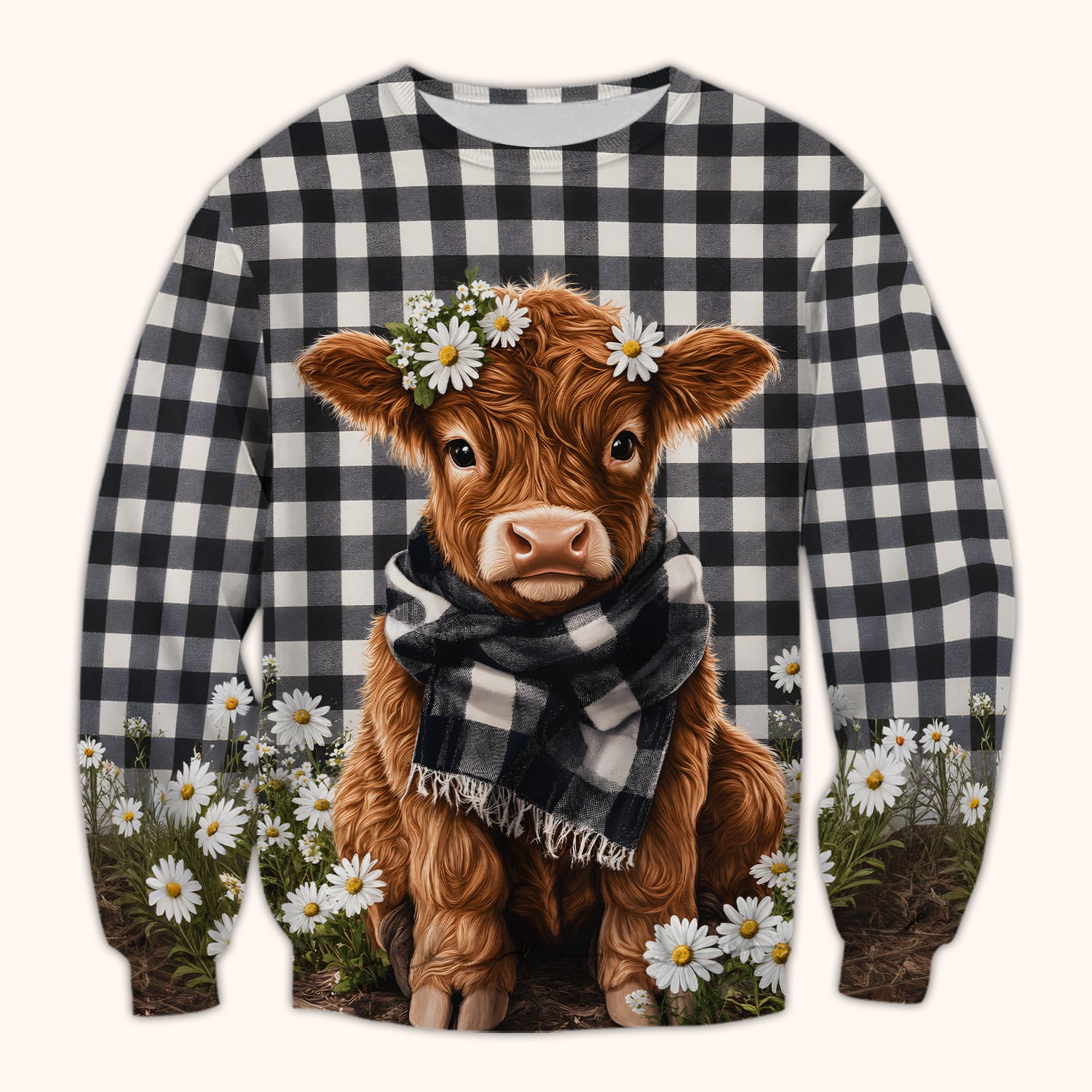 Highland Cow Daisy Pattern Scrub Top, Comfortable Scrubs for Nurses