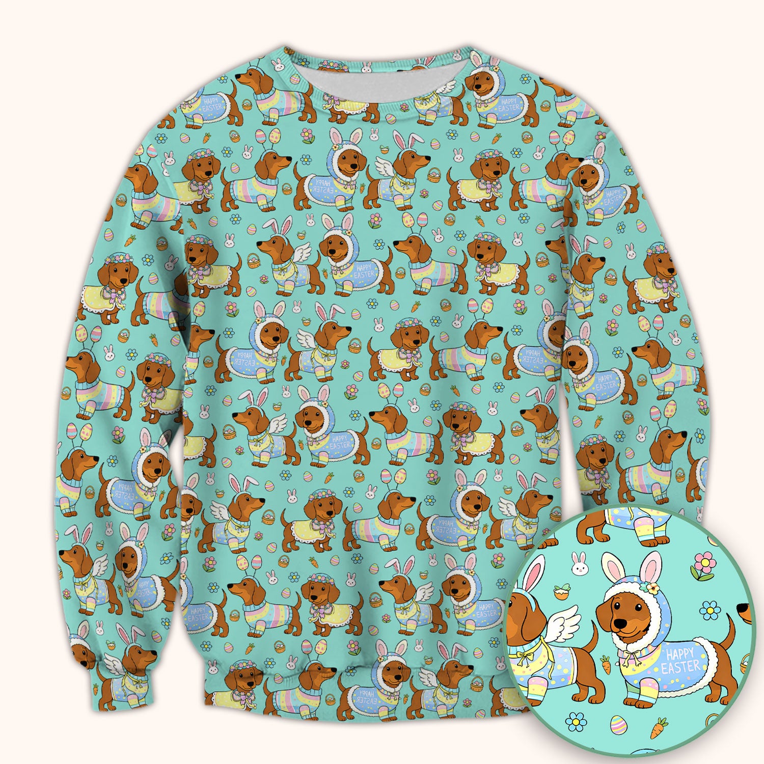 Easter Dachshund Bunny Print Scrub Top, Breathable Fabrics Nursing Uniform