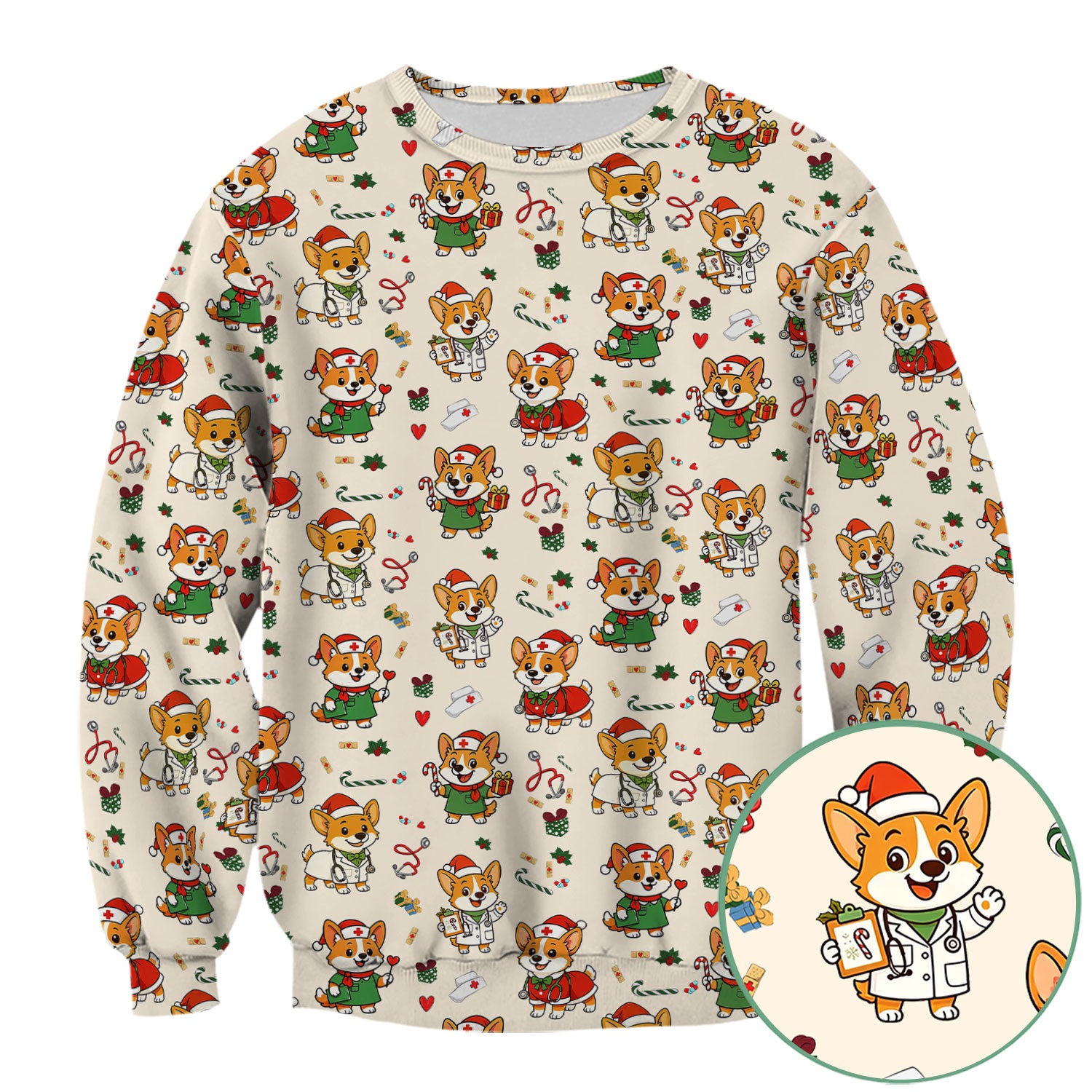 Christmas Corgi Nurse Scrub Top - Cute Dog Holiday Medical Uniform for Women - Funny RN CNA LPN Nursing Shirt Gift