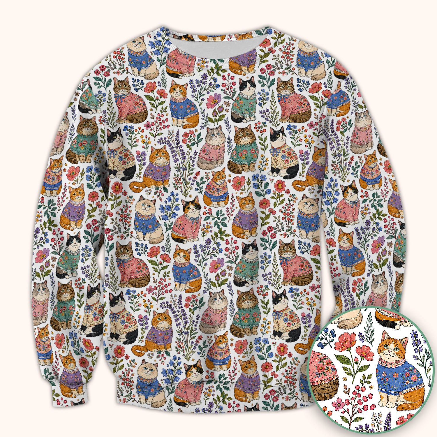 Cute Floral Cat Pattern Scrub Top, Comfortable Scrubs for Nurses